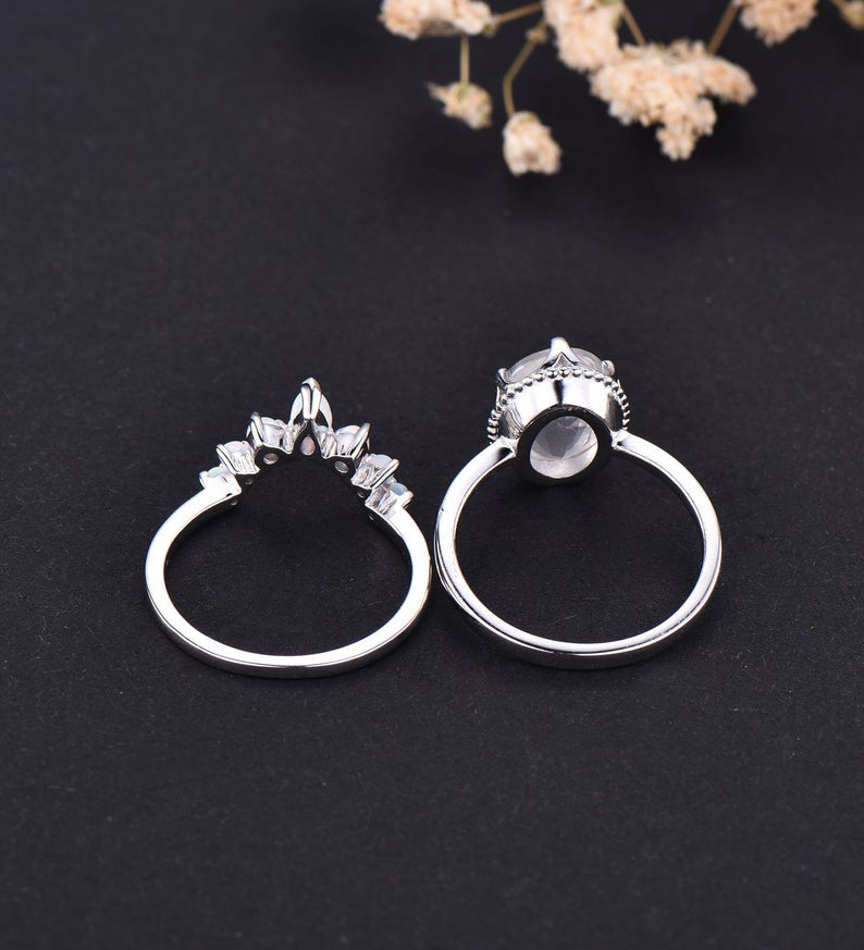 14K/18K Gold Faceted Moonstone Engagement Ring Set for Women - Vintage Wedding Band, Promise Ring, Anniversary Gift - Perfect for Proposals, Bridal Jewelry & Special Occasions