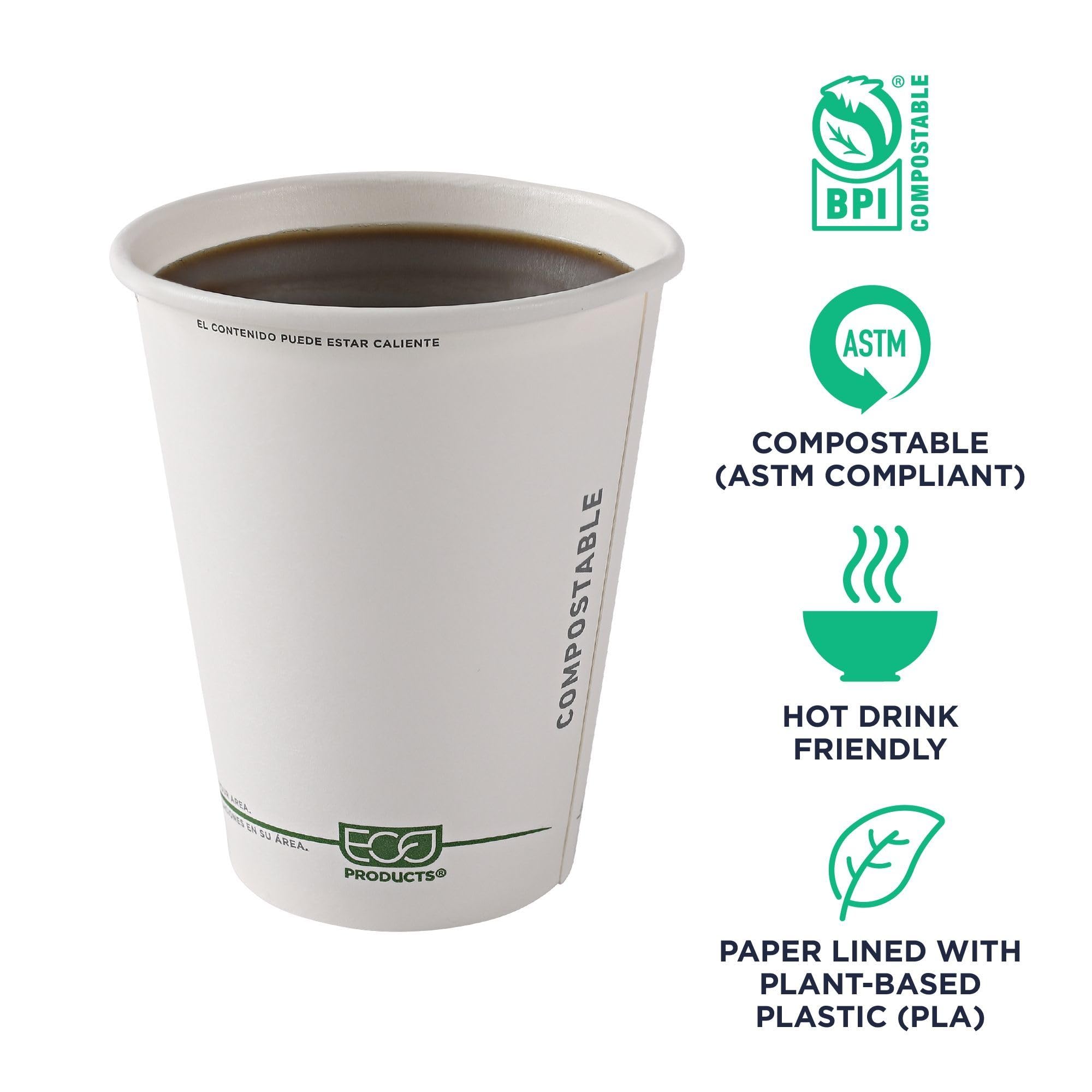 ECO PRODUCTS Compostable 12oz Coffee Cups - 1000 Count Case, White Single Wall Hot Paper Cups with Plant-Based PLA Lining | Biodegradable & Eco-Friendly Disposable Cups for Coffee Shops, Offices, and Events