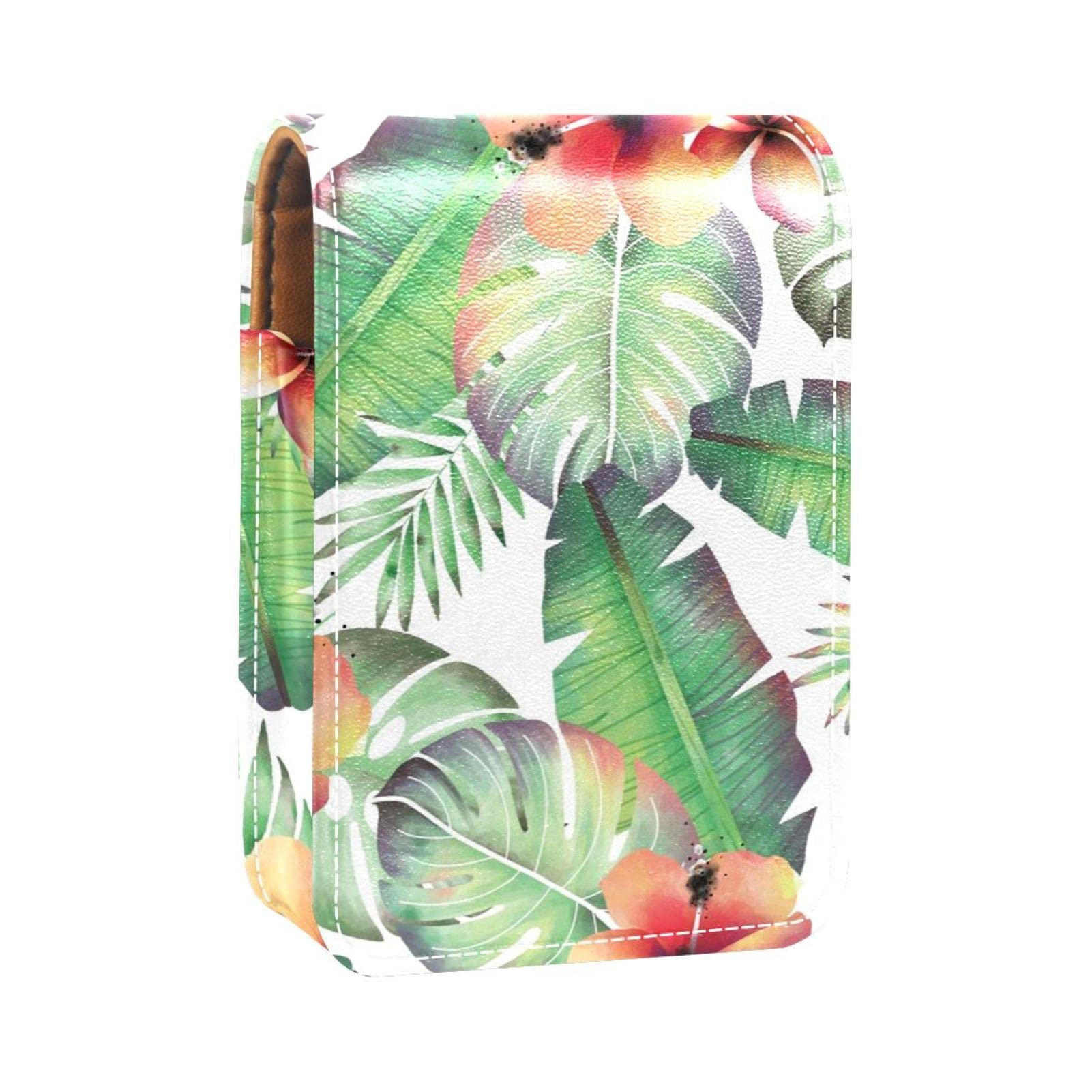 Personalized Lipstick Case - Portable Makeup Bag & Cosmetic Pouch Organizer with Tropical Palm Leaves Watercolor Design | Perfect for Travel, Gift & Daily Makeup Storage