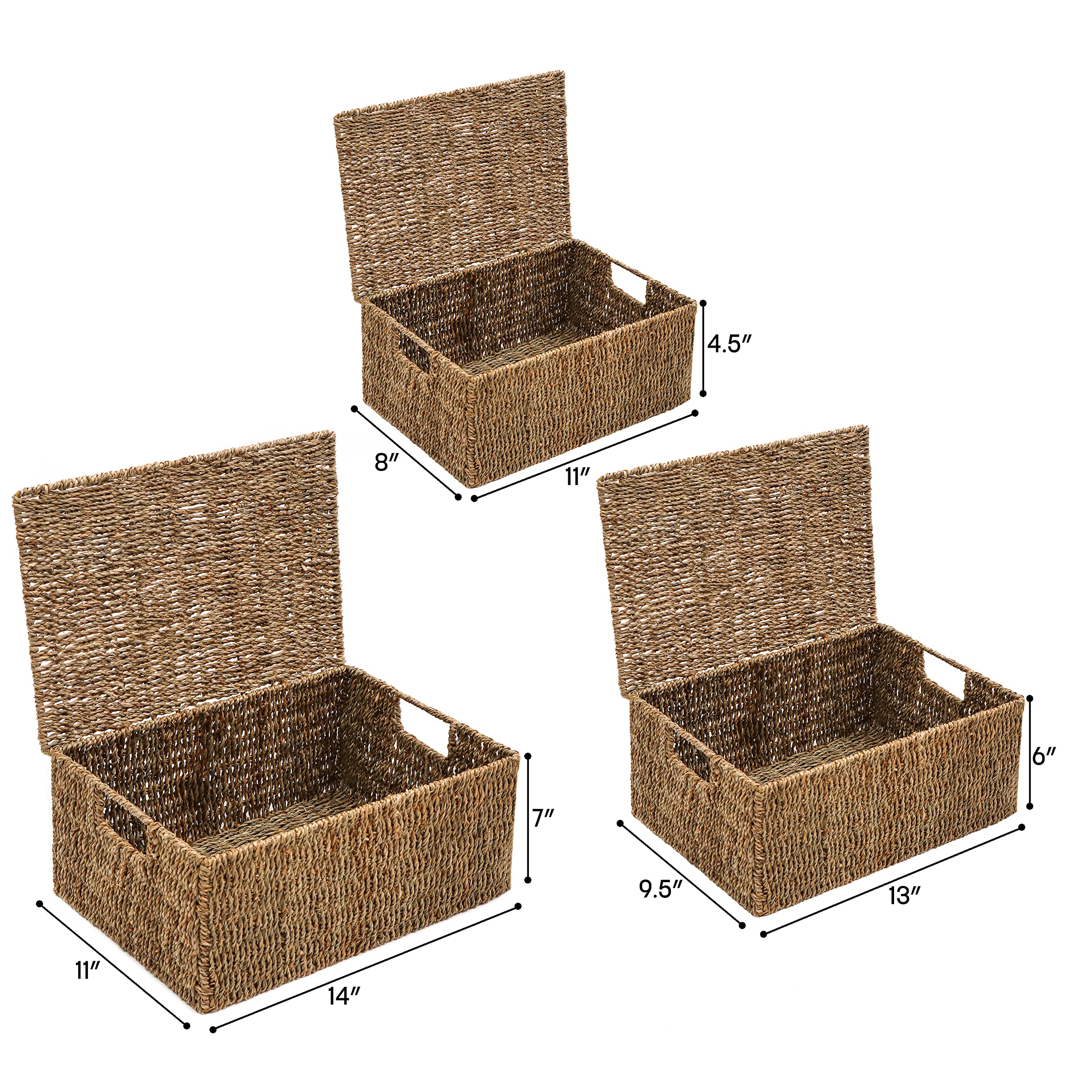 3-Piece Seagrass Storage Baskets with Lids - Natural Rectangular for Home Organization