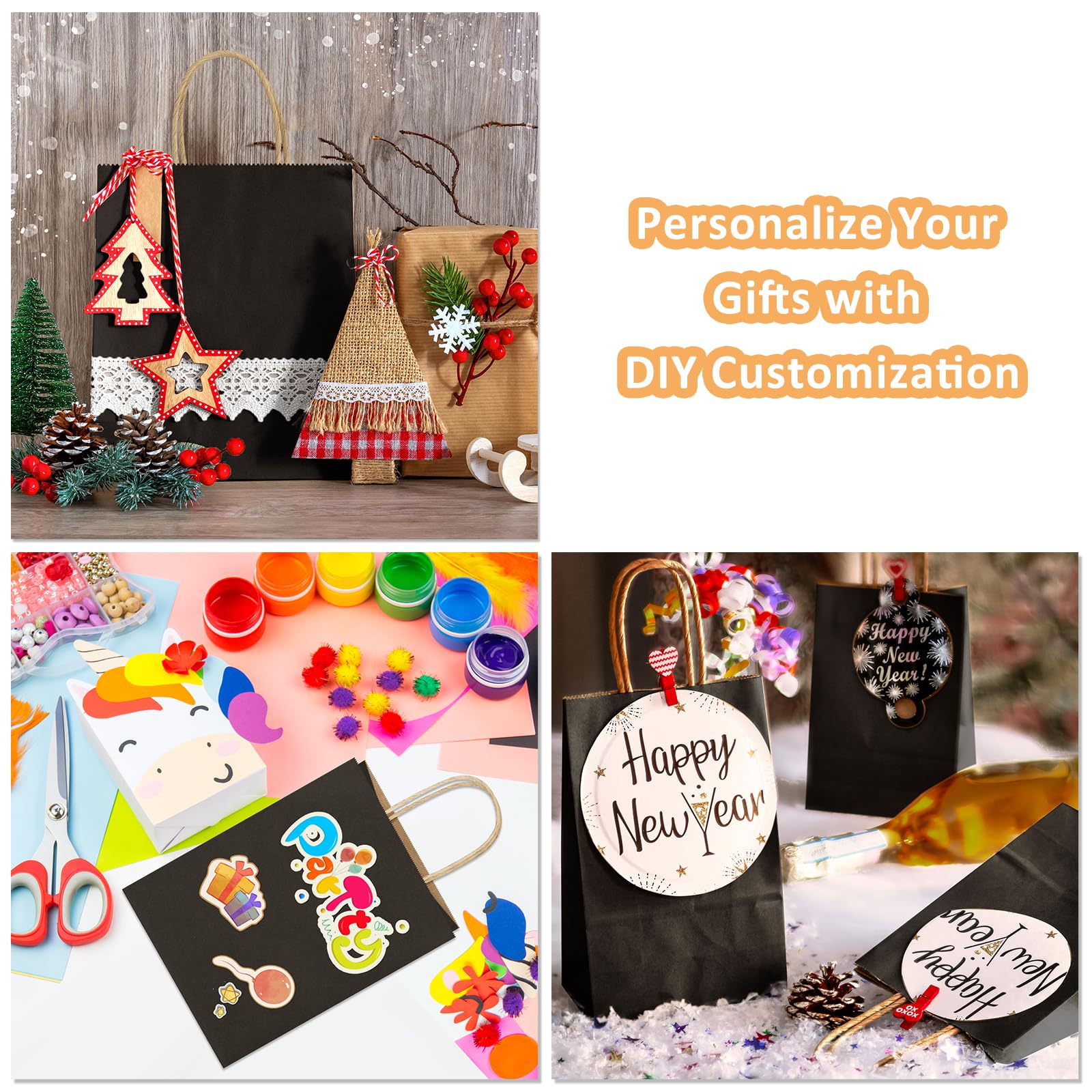 50Pcs Black Kraft Gift Bags with Handles 8x4.25x10.5 Inches - Bulk Paper Shopping Bags for Wedding Favors, Party Merchandise & Retail Packaging - Eco-Friendly & Durable for Stores, Events & Gifting