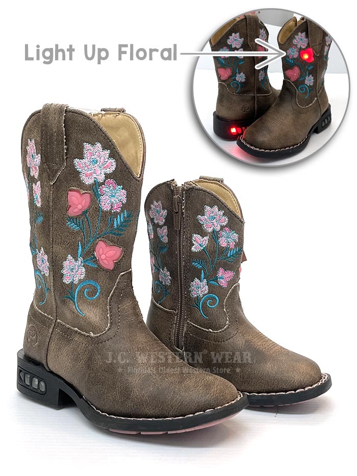 Roper Kids Dazzle Light Up Floral Square Toe Western Boots - Brown Cowgirl Boots for Girls with Flashing Lights | Perfect for Rodeo, Dance Performances & Western Themed Parties