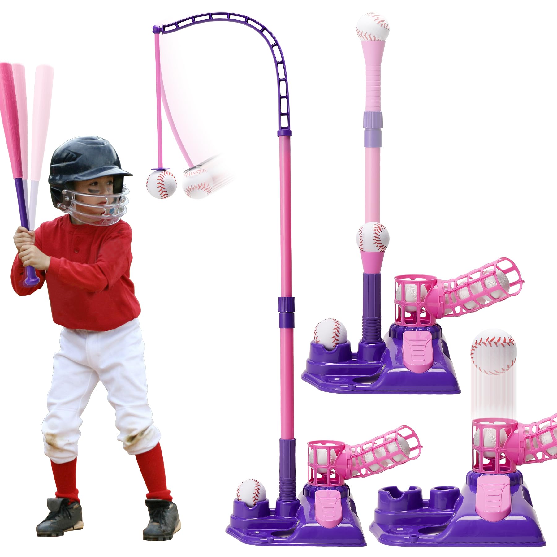 **Best 3-in-1 Baseball Set for Kids – Adjustable Height Tee Ball Stand with 6 Softballs, Auto Ball Launcher, Retractable Bat – Perfect for Indoor & Outdoor Play – Ideal Gift for Boys & Girls Ages 3-8 (Pink)**    *(Use Cases: Backyard practice, Little League training, Birthday gifts, Family fun, School PE activities, Summer camp games)*