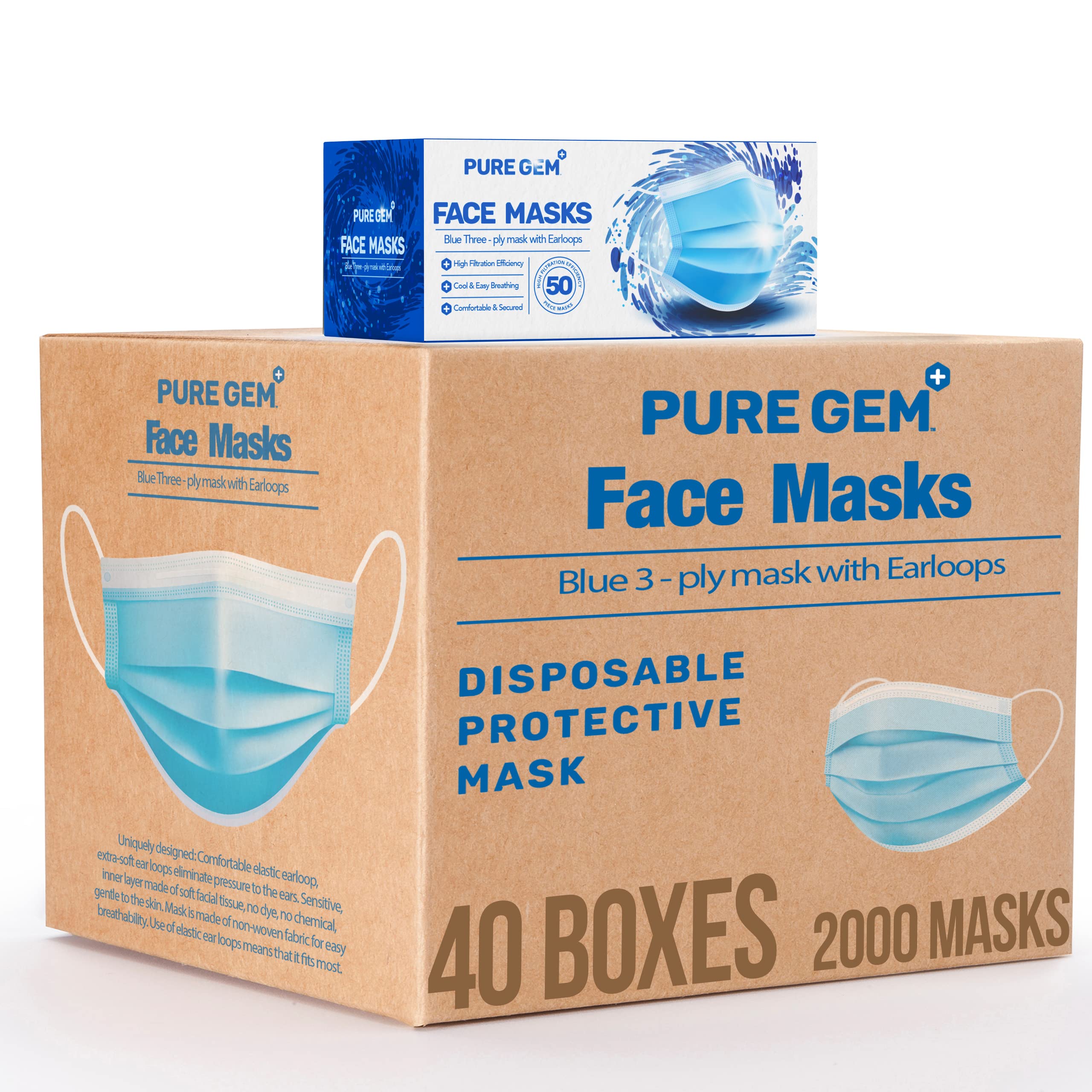 3-Ply Disposable Face Masks - Soft Breathable Skin-Friendly Blue Surgical Masks with Comfortable Elastic Earloop (2000 Pack) - Ideal for Daily Protection, Healthcare Workers & Public Safety