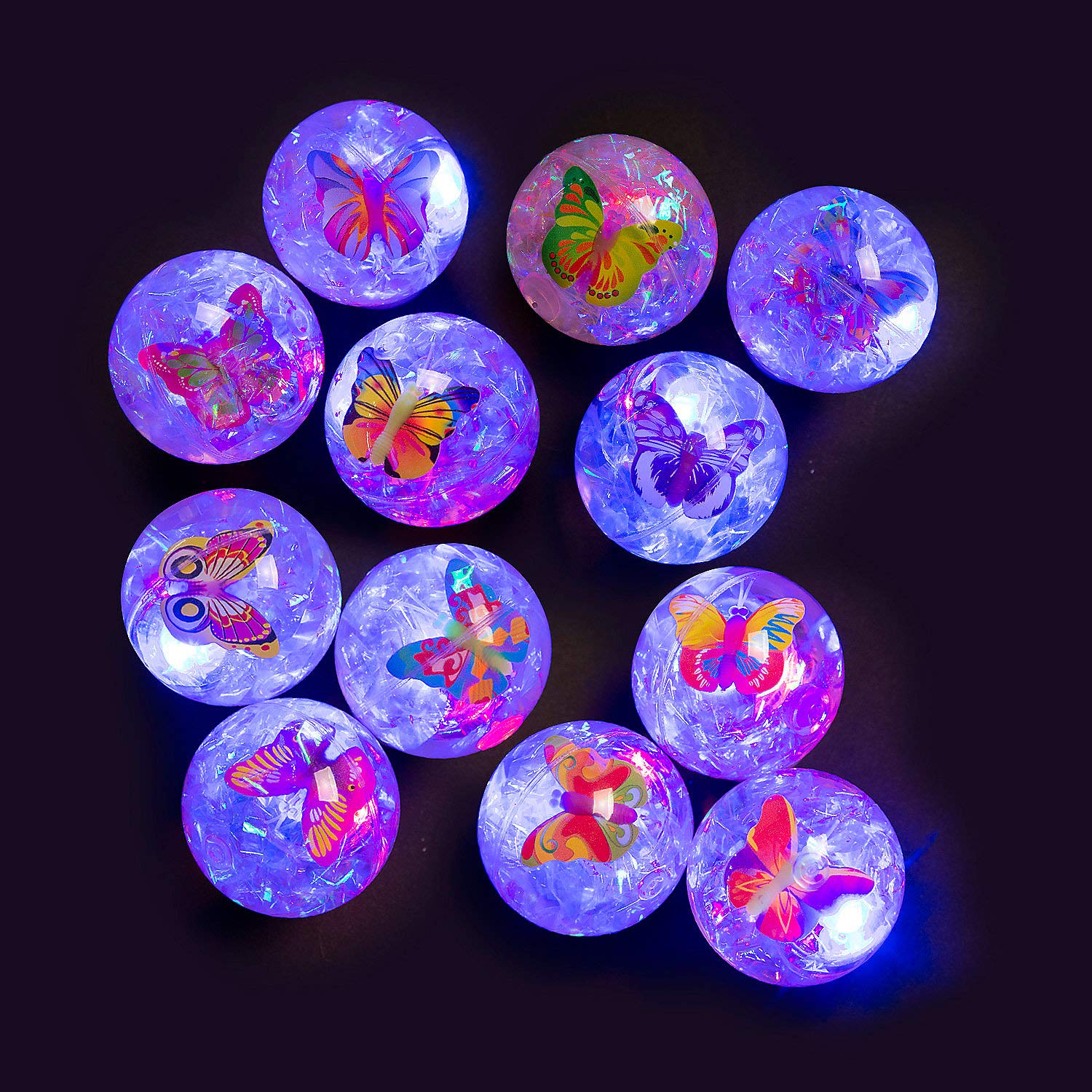 Light-Up Glitter Butterfly Bouncy Balls - 12 Pack with Batteries Included - Fun Party Favors, Kids Birthday Gifts & Sensory Toys for Children's Playtime