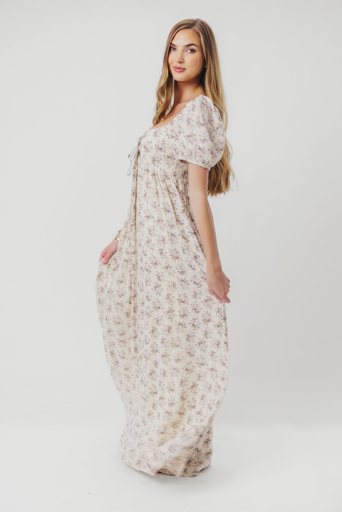 Haven 100% Cotton Tie Front Maxi Dress - Blue & Brown Floral Print | Bump Friendly Maternity Dress | Perfect for Beach, Vacation & Summer Outfits