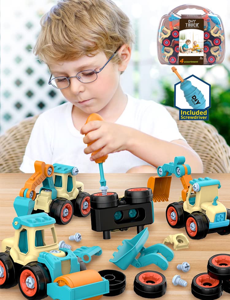 4 Pack Take Apart Construction Trucks Toys for Boys Ages 3-8, STEM Learning Montessori Engineering Vehicle Playset with Electric Drill – Perfect for Pretend Play, Birthday Gifts & Classroom Activities