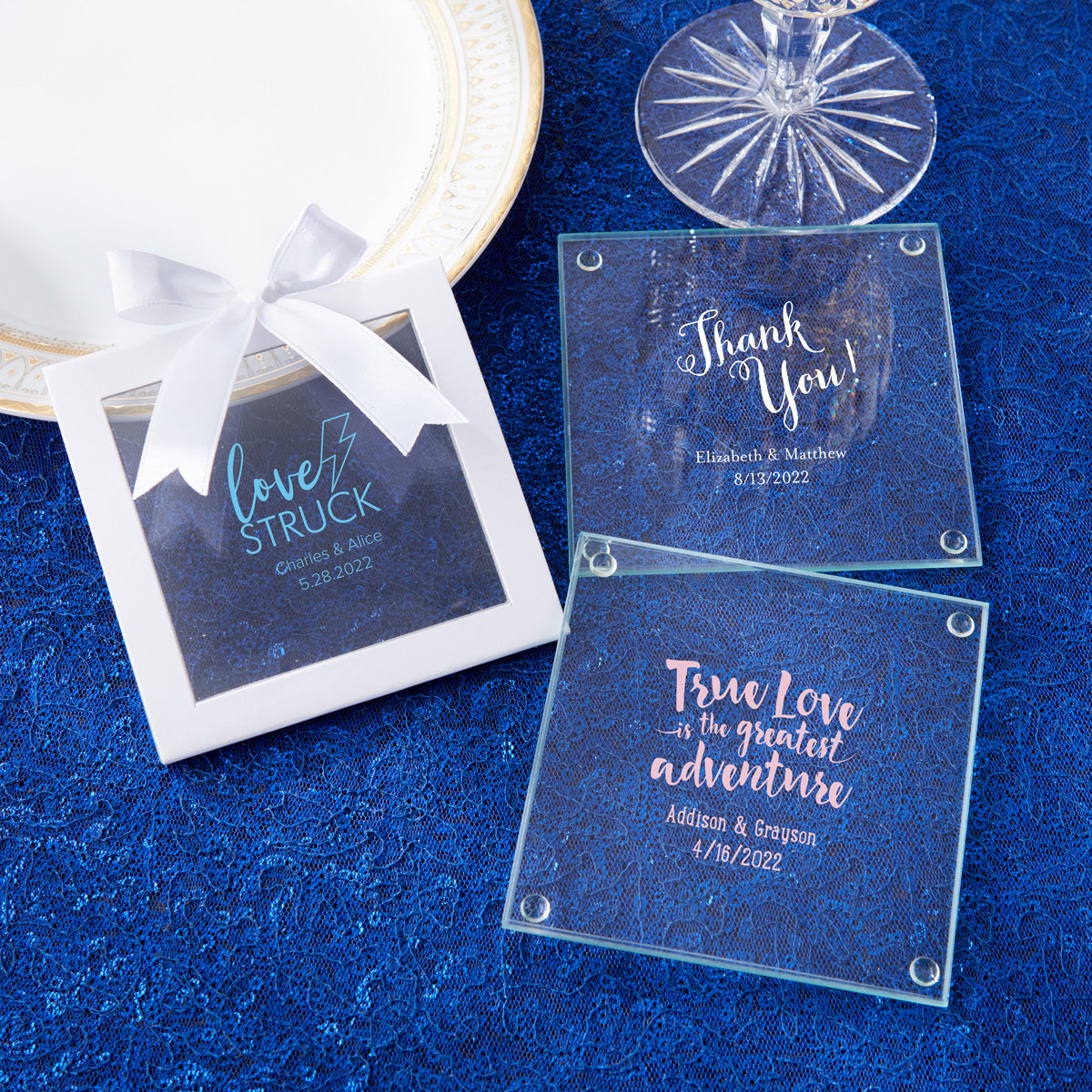 Custom Engraved Glass Coasters Set of 4 - Personalized Drink Coasters for Home Bar, Wedding Gifts & Housewarming - Elegant Glass Drink Coasters for Coffee Table, Office Desk & Party Decor