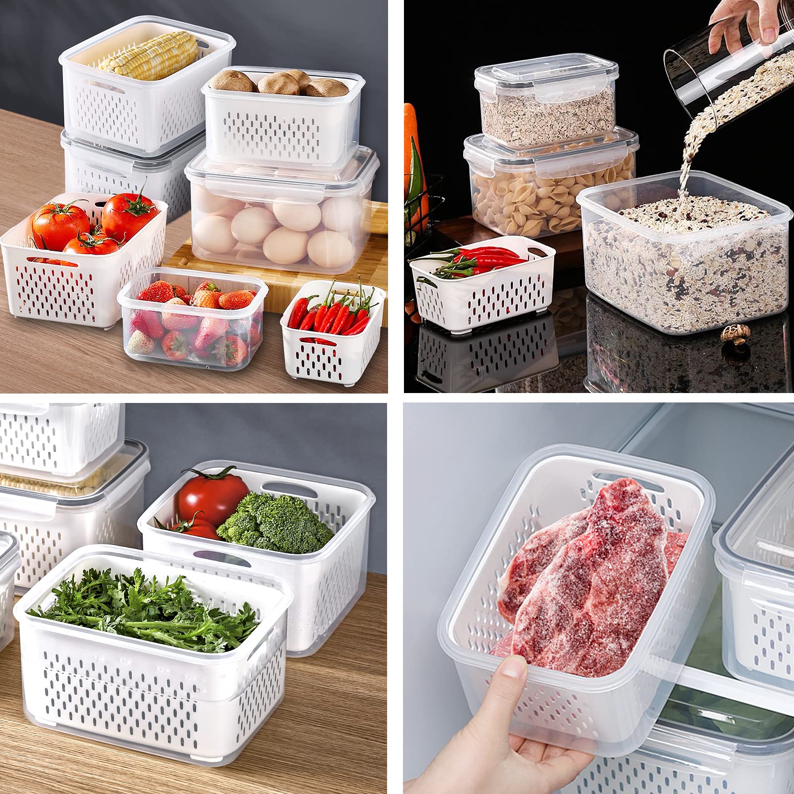 4-Pack Large BPA-Free Plastic Food Storage Containers with Lids & Strainer - Airtight Fridge Organizers for Fruits, Vegetables, Berries & Meat - Keep Produce Fresh Longer - Perfect for Meal Prep, Kitchen Organization & Refrigerator Storage