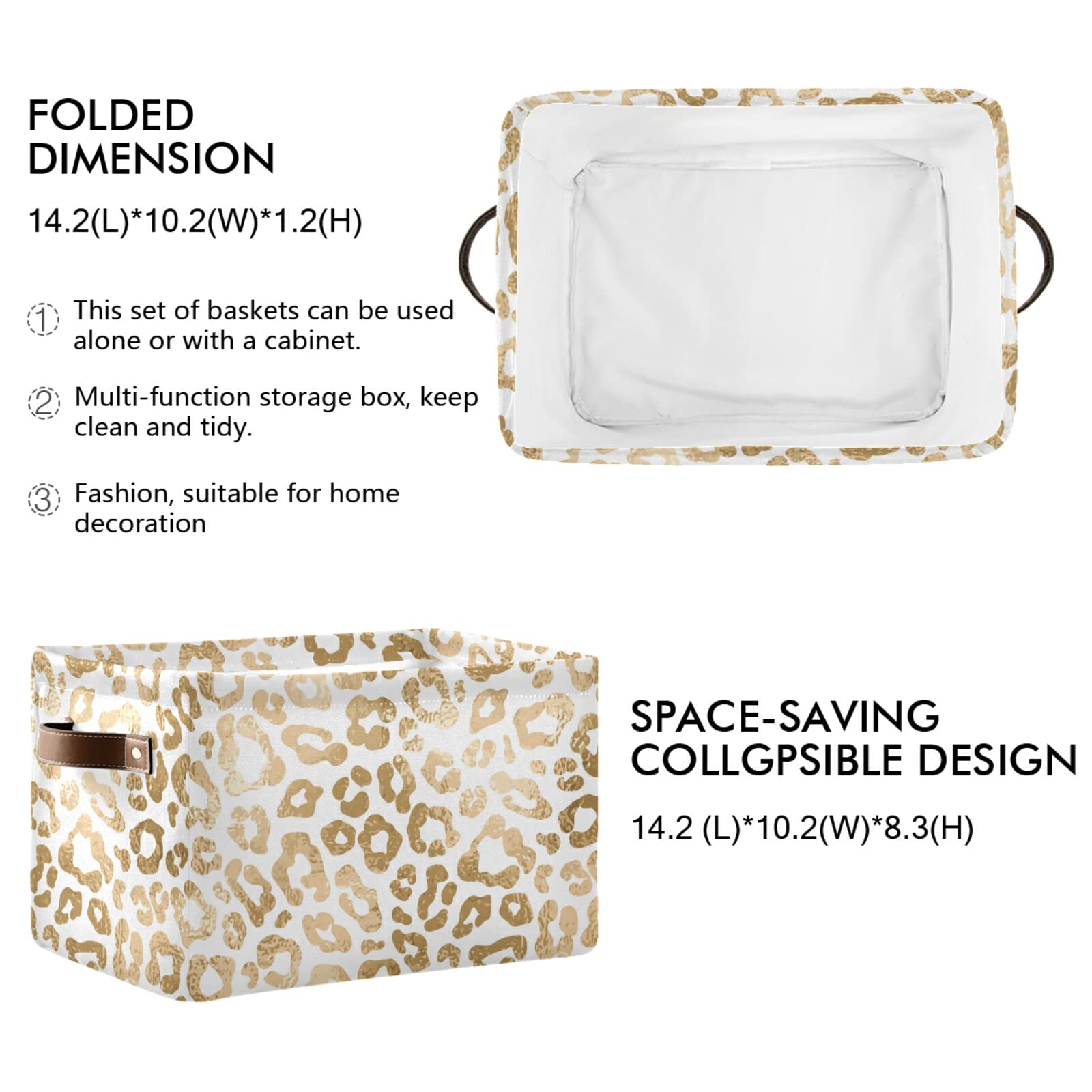 Golden Leopard Print Collapsible Storage Basket with Leather Handles - Foldable Rectangular Storage Bin for Home Organization, Office Supplies & Closet Storage | Perfect for Bedroom, Bathroom & Laundry Room Organization