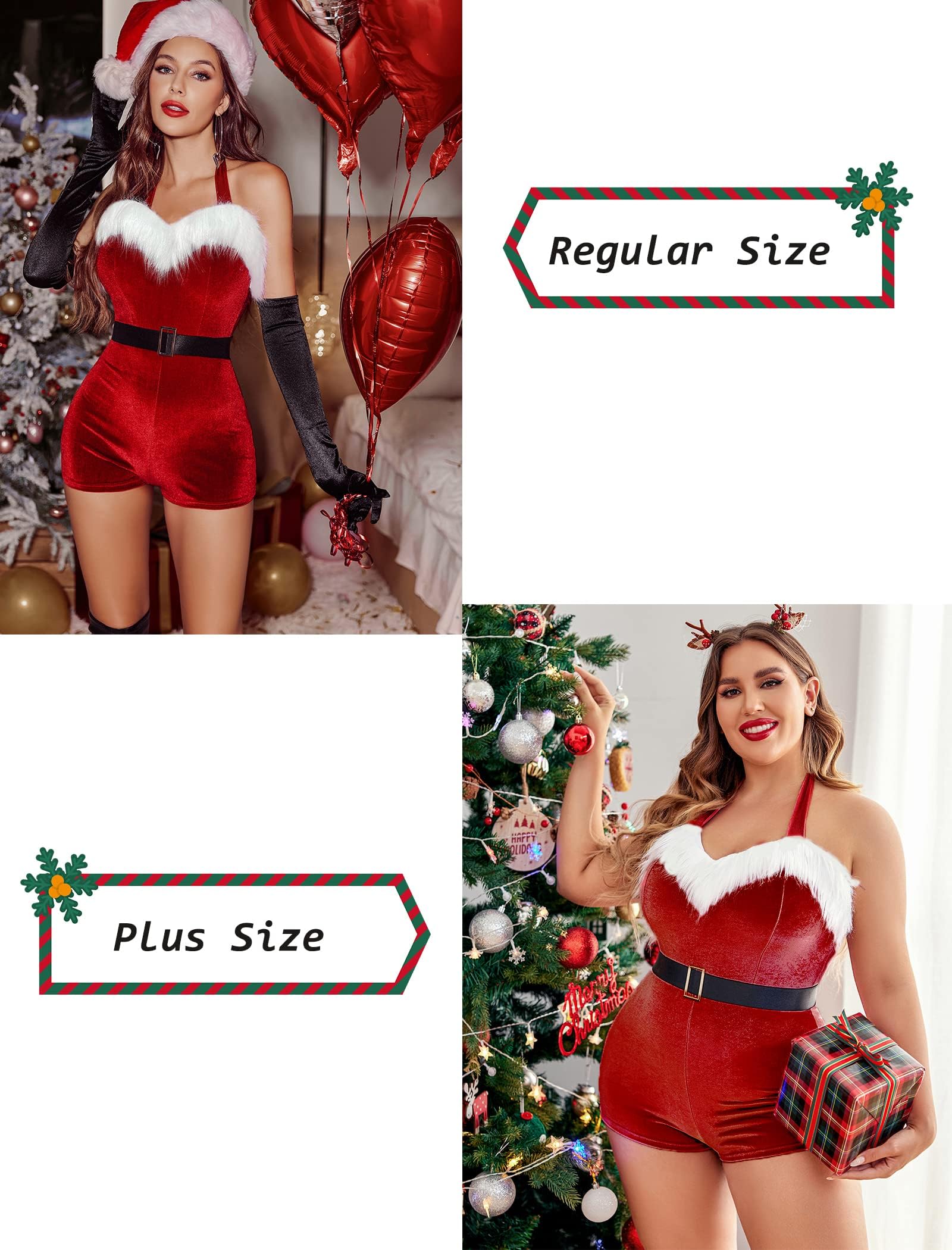 Avidlove Women's Sexy Santa Costume - Velvet Romper Christmas Shorts Bodysuit Lingerie with Belt | Holiday Party Outfit, Christmas Photo Shoot, Festive Lingerie Gift