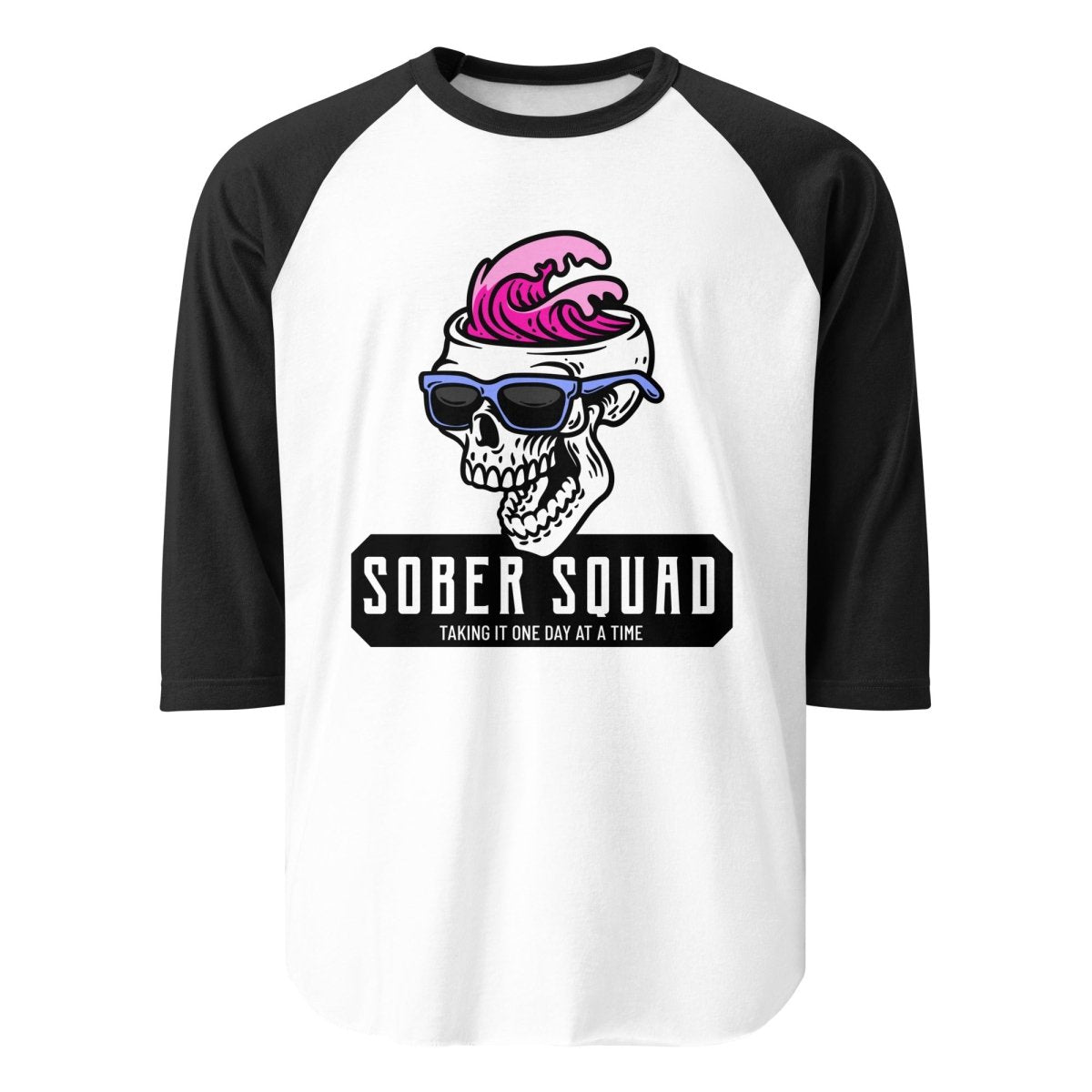 Sober Squad 3/4 Sleeve Raglan T-Shirt with Skull Wave Print - Comfortable Baseball Tee for Casual Wear, Gym & Street Fashion