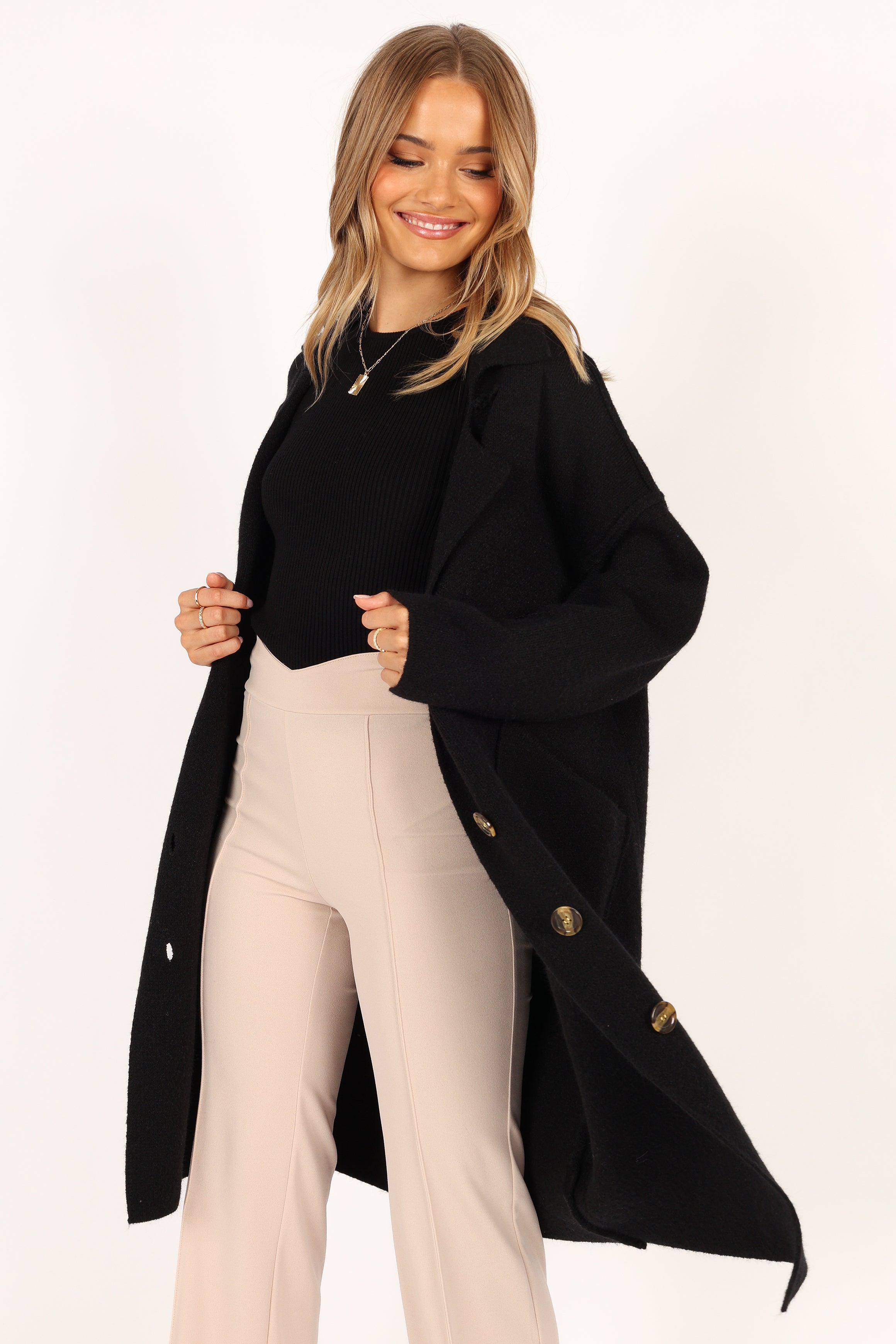 Ivy Button Front Coatigan - Black | Stylish Knit Cardigan for Women | Perfect for Fall & Winter Layering, Office Wear & Casual Outfits
