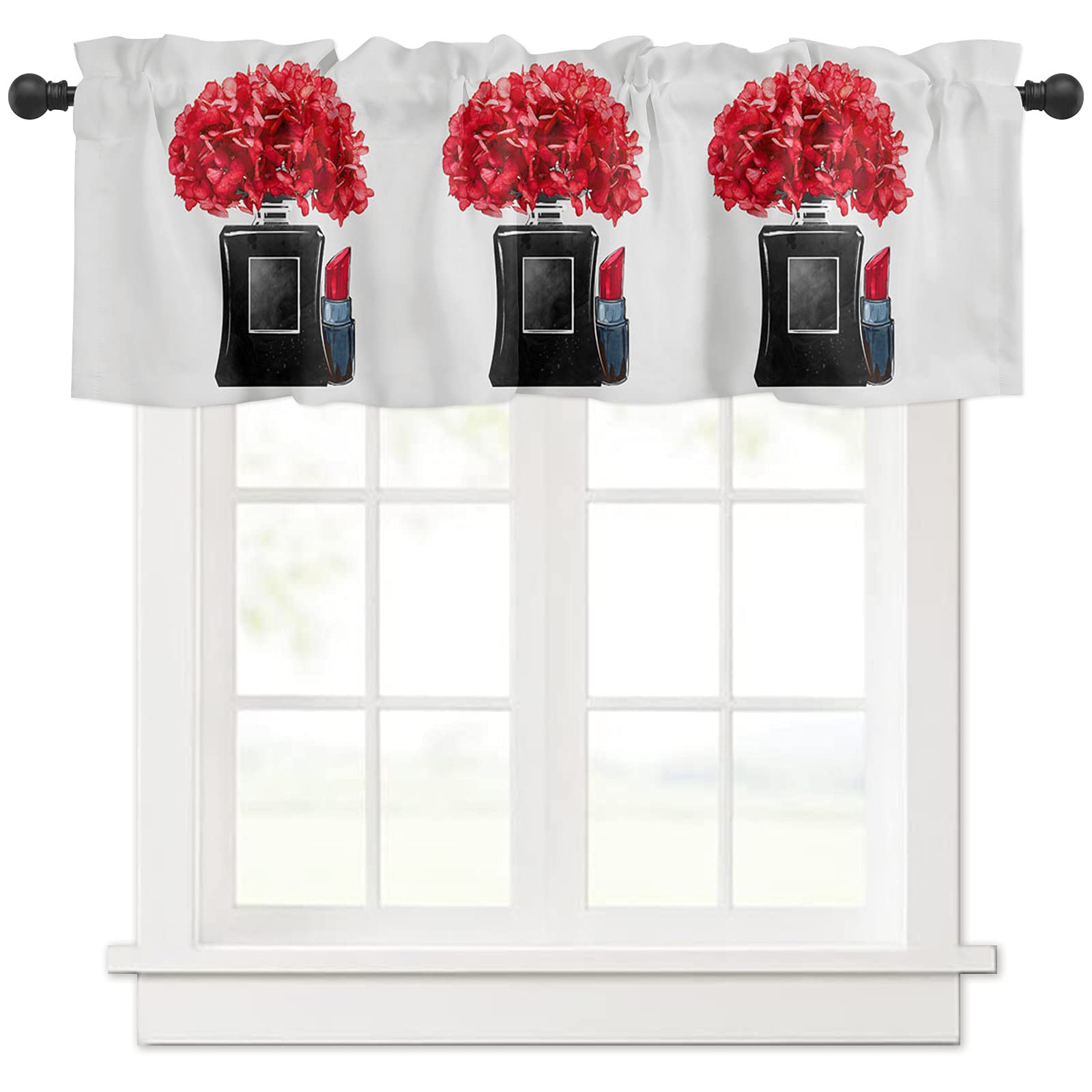 Red Floral Blackout Window Valance Curtain - 54 x 18 Inch Rod Pocket Tier Curtain Panel for Kitchen, Bedroom, Living Room & Bathroom - Perfect for Home Decor and Light Control
