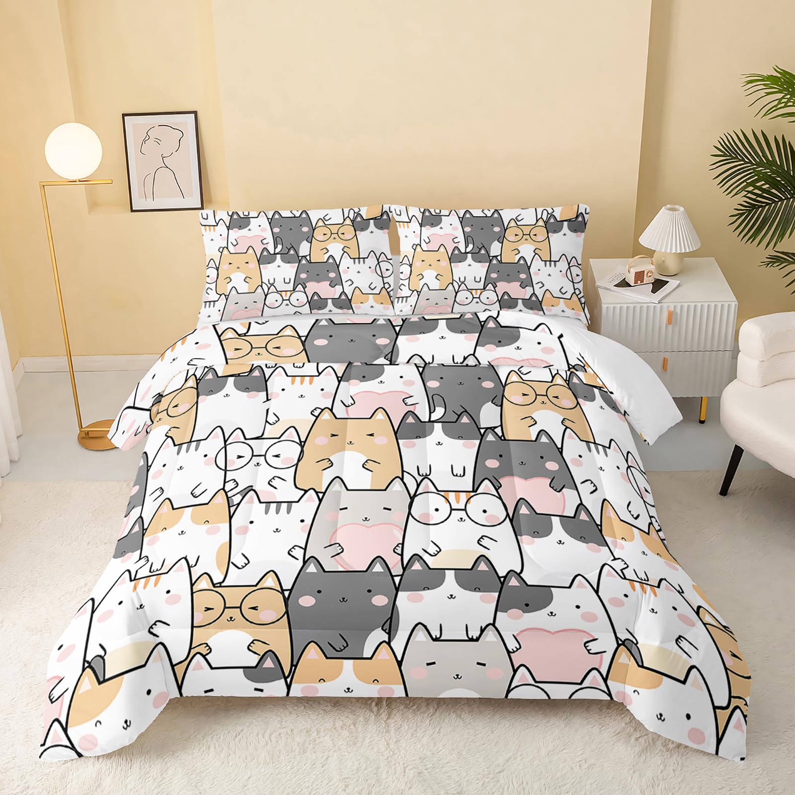 QOOMO Kawaii Cat Comforter Full Size - 3PCS Cute Cat Print Bedding Set with 2 Pillowcases for Kids & Teens | Soft Lightweight Down Alternative Comforter | Perfect for Kids' Bedrooms, Dorm Rooms & Sleepovers