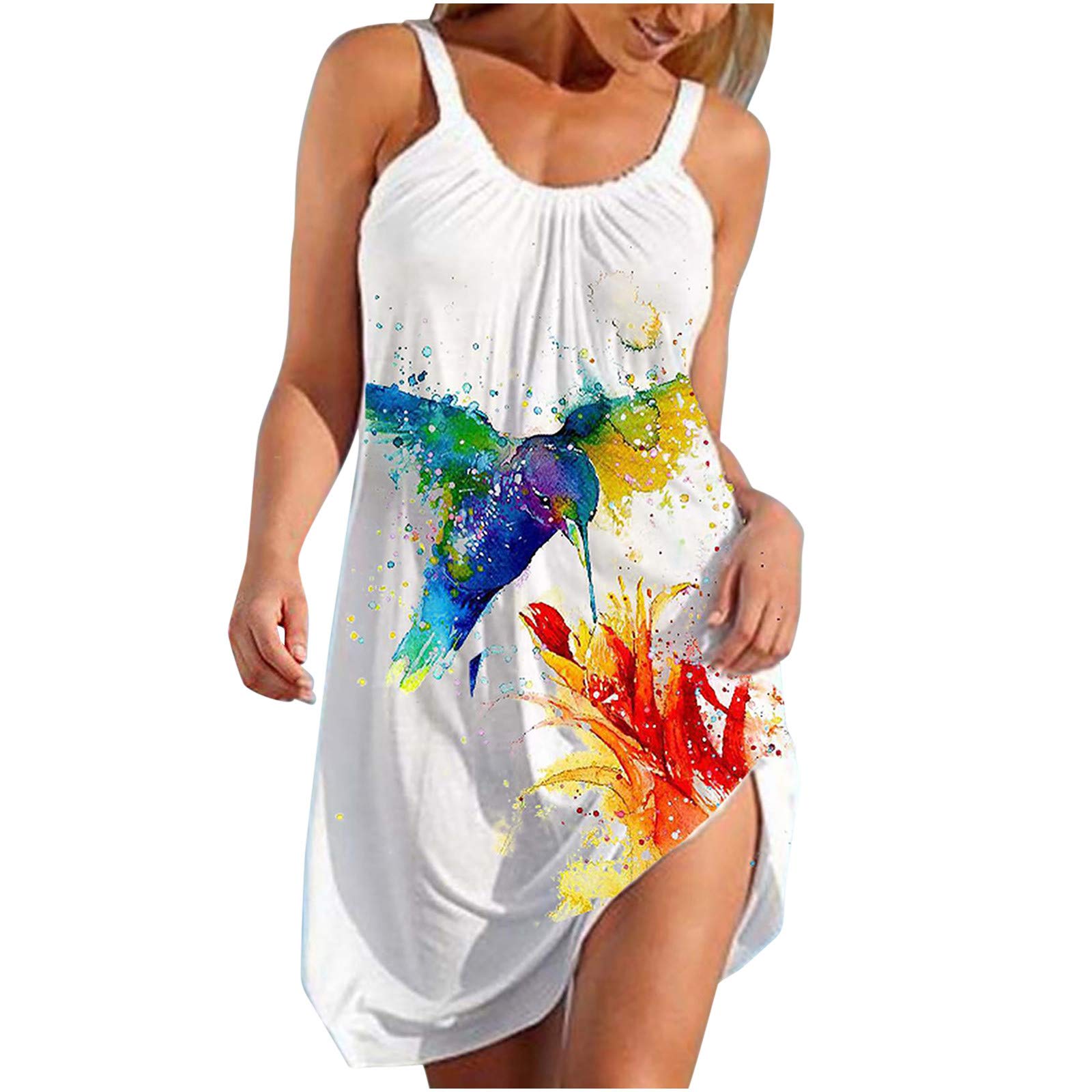 Women's Summer Beach Dress - Lemon Print Sleeveless Strappy Casual Maxi Dress with O-Neck | Flowy White XL Dress for Vacation, Pool Party & Outdoor Activities