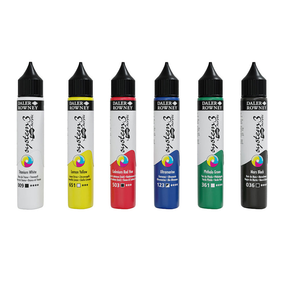 Daler Rowney System3 Fluid Acrylic Paint Set - 6 Vibrant Colors (29.5ml Each) for Canvas Painting, DIY Crafts & Mixed Media Art