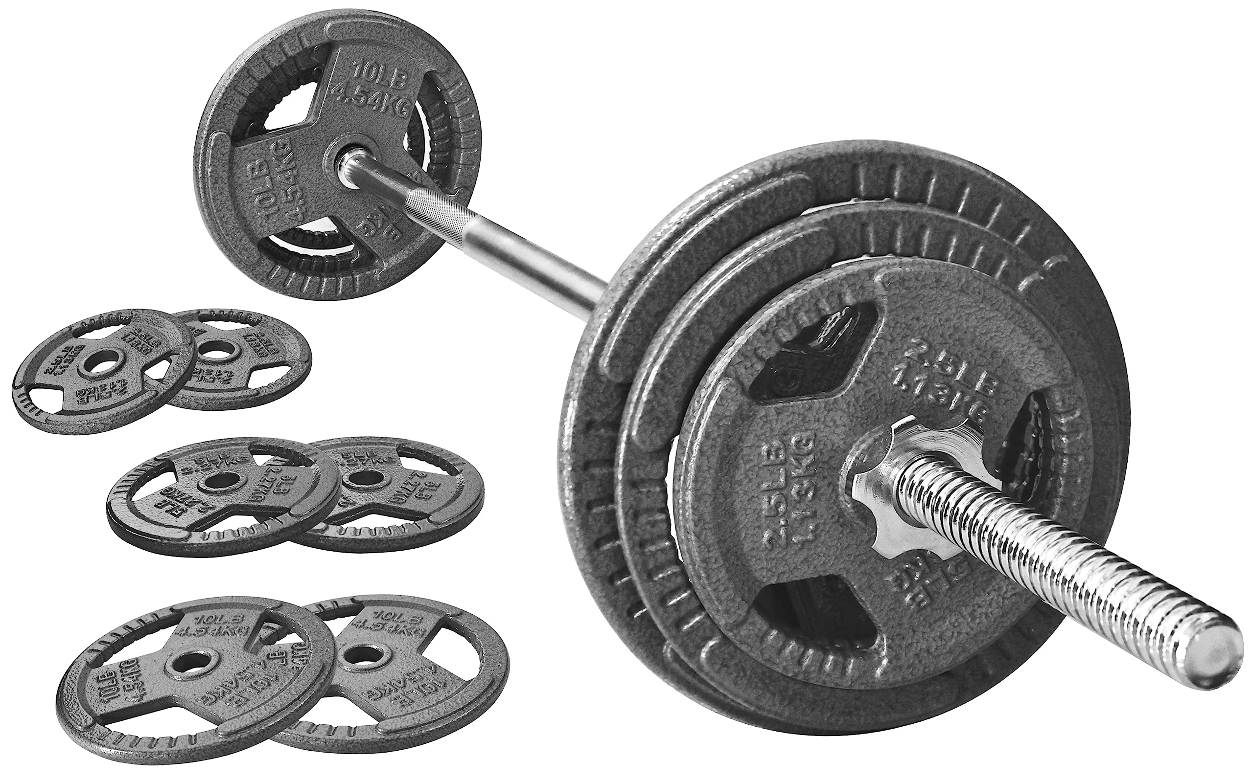 Cast Iron Standard Weight Plates Set - 45 lbs (35 lbs Plates + 10 lbs Barbell) with 5FT Standard Barbell & Star Locks - Strength Training & Home Gym Equipment for Weightlifting, CrossFit & Fitness Workouts