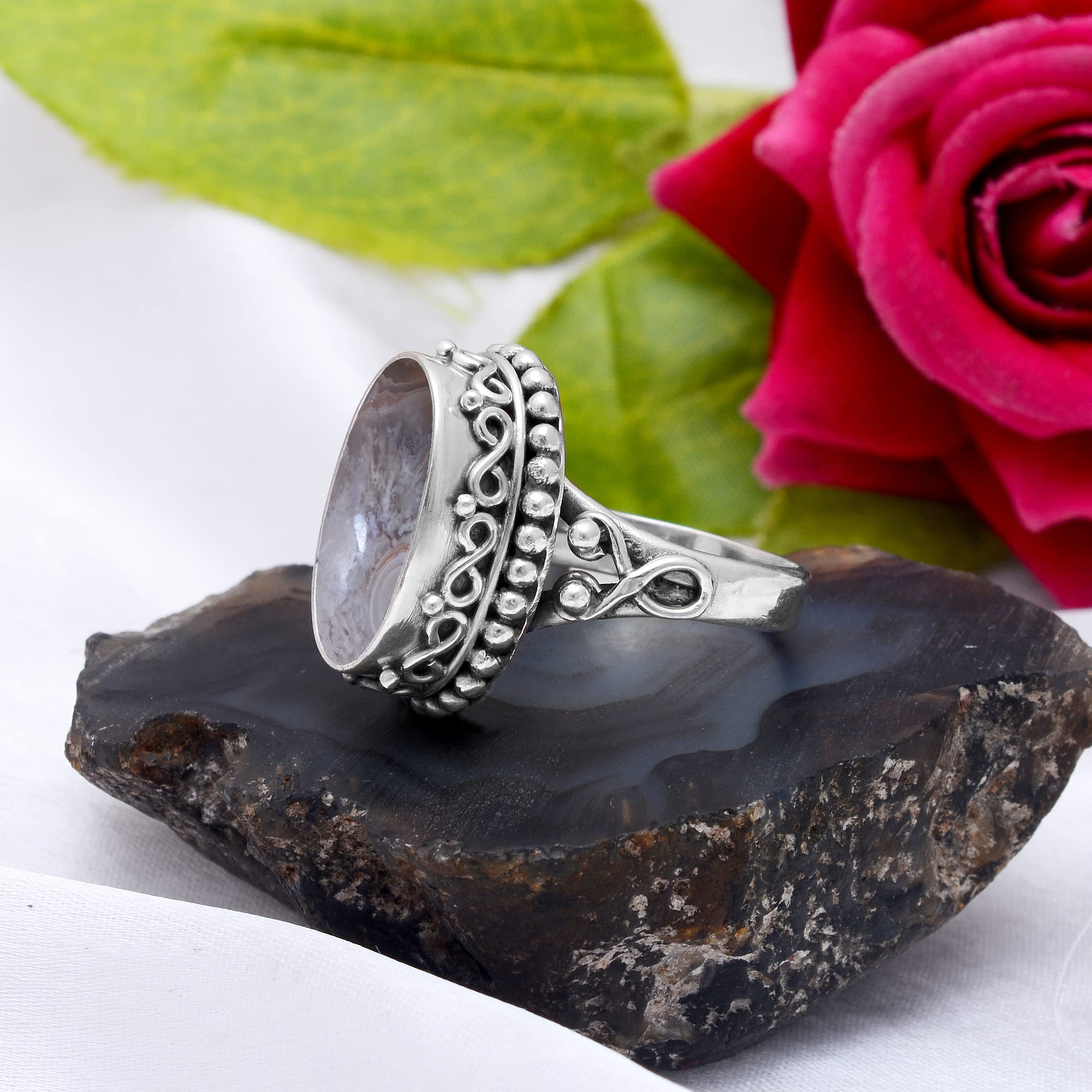 Veracity Jewelry 925 Sterling Silver Crazy Lace Agate Ring for Women - Natural Brown White Gemstone Healing Meditation Jewelry (VSR-320) - Perfect for Yoga, Spiritual Practice & Everyday Elegant Wear