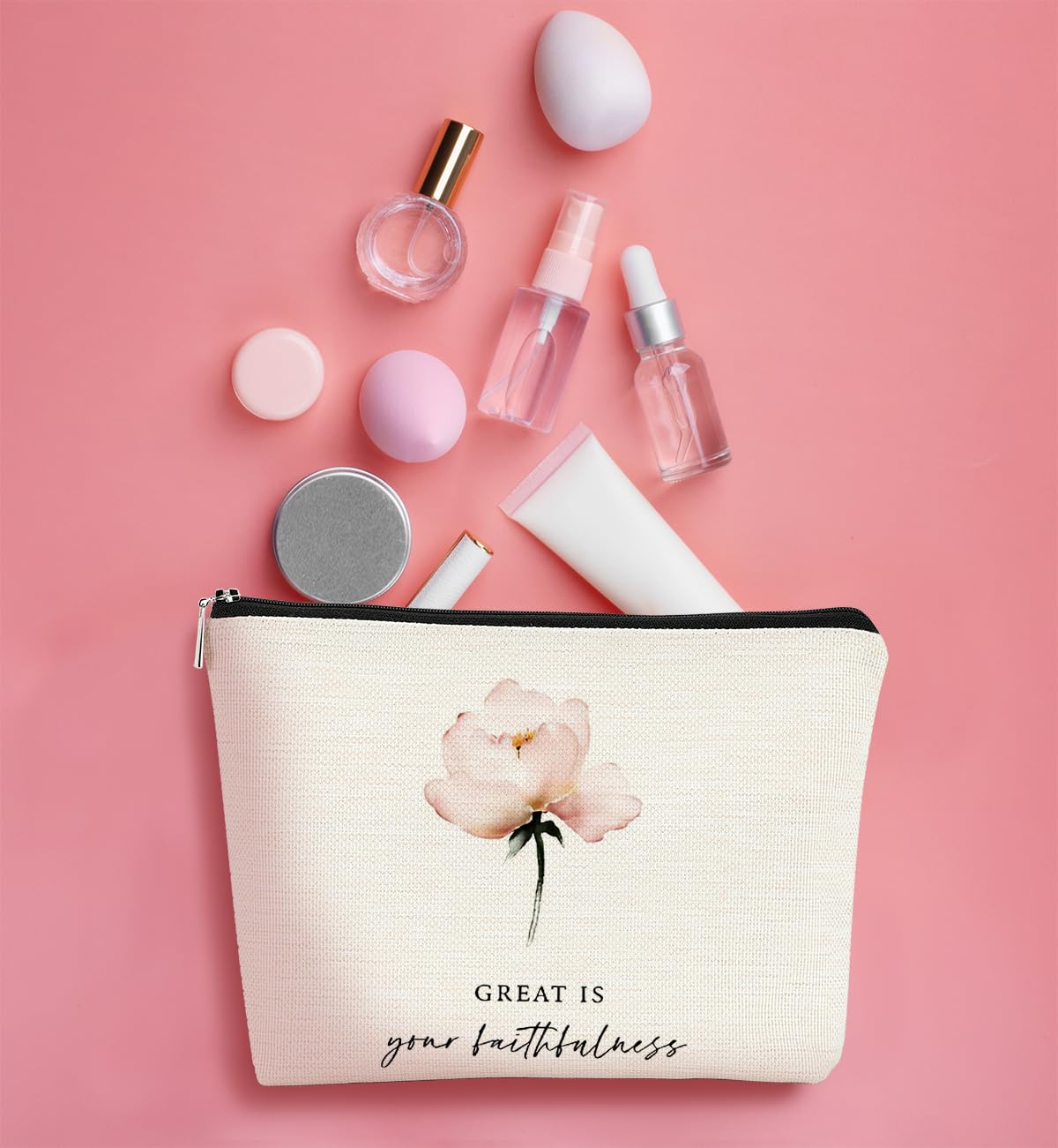 Christian Bible Scripture 'Great is Your Faithfulness' Makeup Bag - Watercolor Pink Flower Cosmetic Pouch with Zipper for Travel & Toiletry | Religious Gifts for Women of Faith | Perfect for Church, Bible Study & Daily Devotion