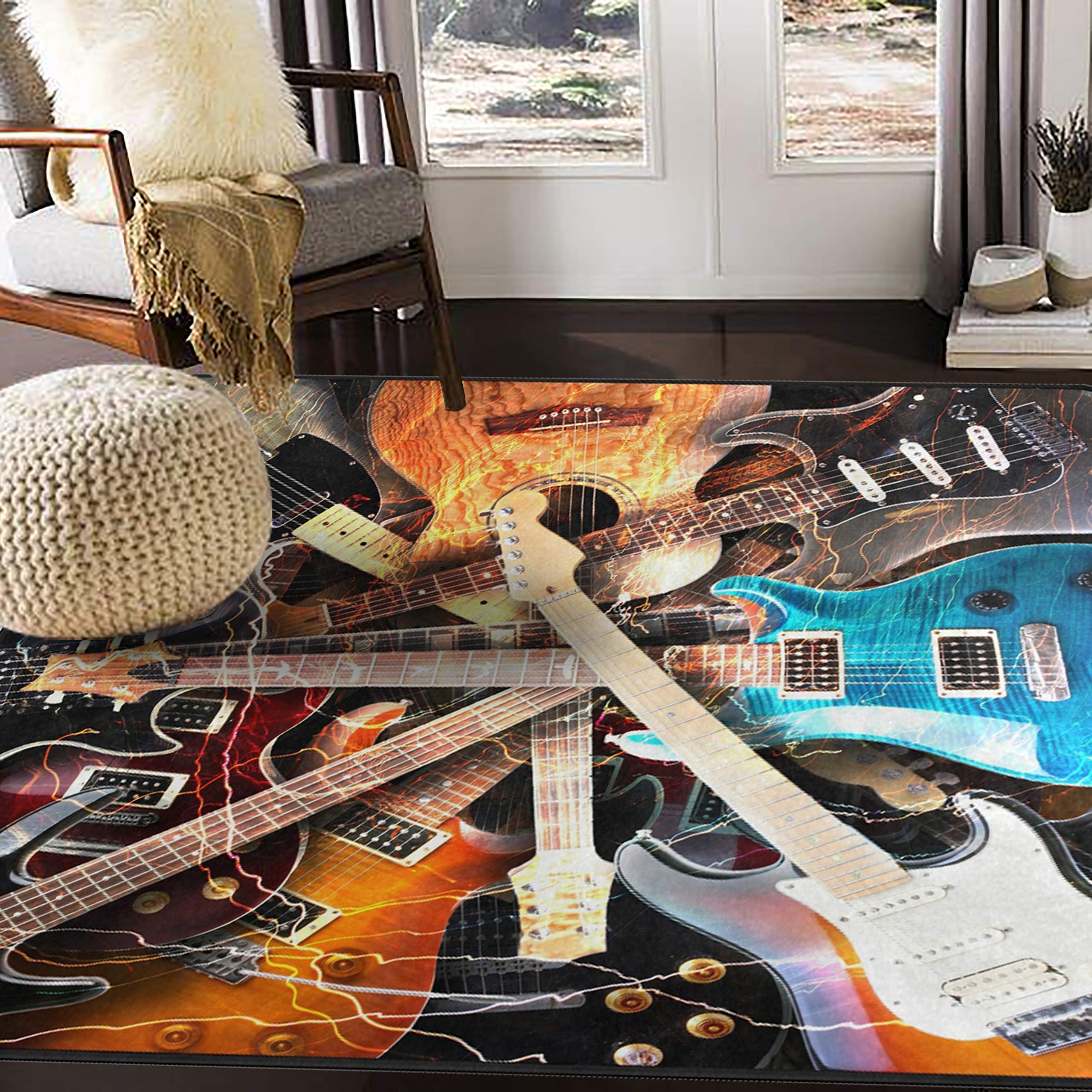 ALAZA Magic Electric Guitar Music Area Rug - 7' x 5' Non-Slip Floor Mat for Living Room, Bedroom, Music Studio - Perfect for Guitarists & Music Lovers Home Decor