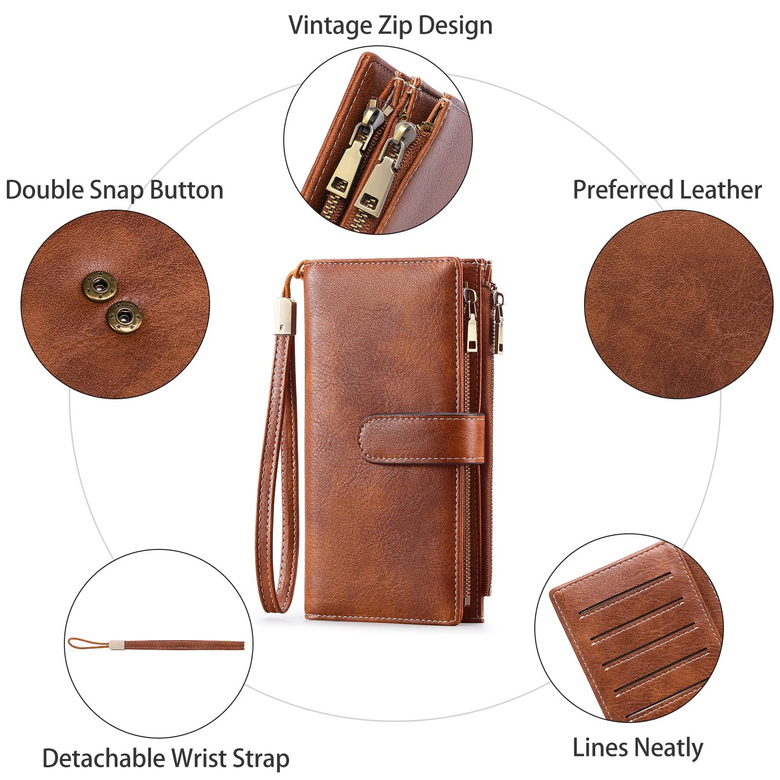 GOIACII Women's RFID Blocking Leather Wallet - Large Capacity Bifold Clutch with Double Zipper Pockets & Wristlet Strap | Perfect for Everyday Use, Travel, and Gift Giving
