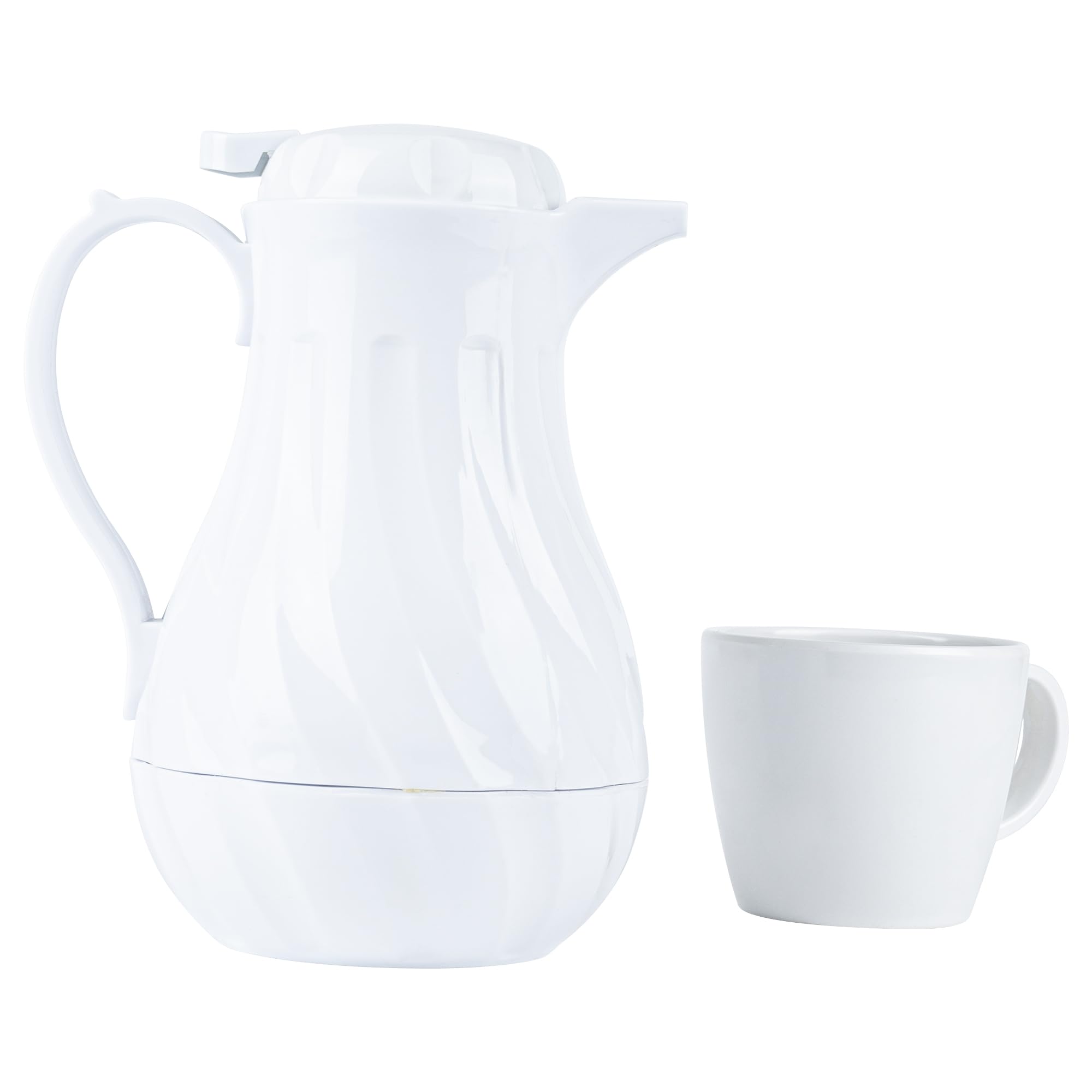 20oz Insulated Coffee Carafes with Push-Button Lid - Set of 10 White Plastic Coffee Servers with Swirl Design & Built-in Handle - Perfect for Restaurants, Cafes & Catering Events
