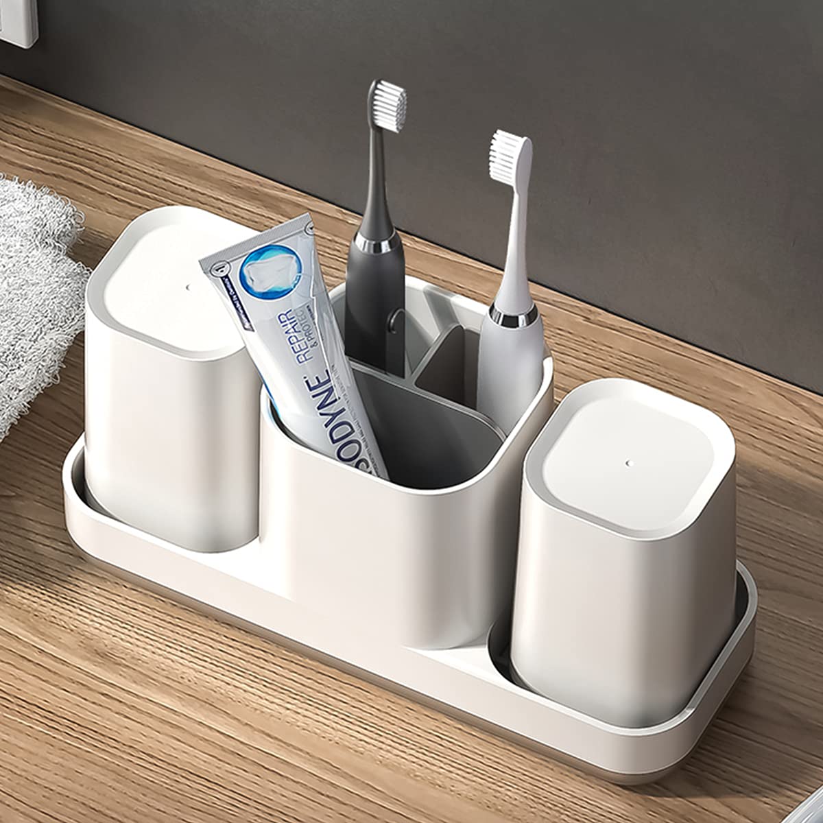 **Electric Toothbrush Holder Stand with 2 Cups - Bathroom Organizer for Toothbrush, Toothpaste, Razor & Dental Floss - White | Perfect for Countertop Storage & Small Space Organization**