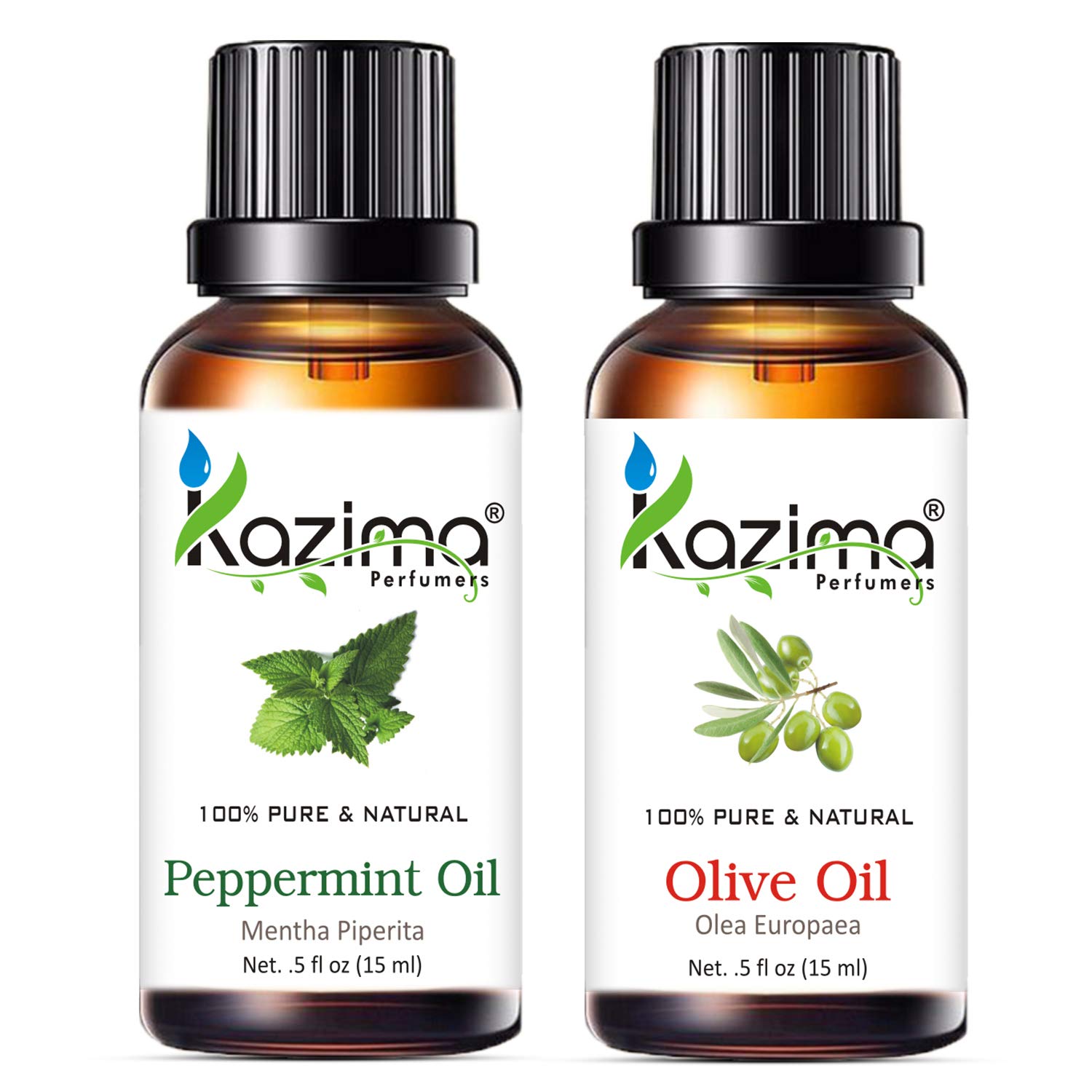 KAZIMA Peppermint Essential Oil & Olive Carrier Oil Set - 100% Pure Natural Hair Growth, Skin Moisturizer, Massage Oil for Headache, Cold & Cough Relief - 15ml Each - Perfect for Aromatherapy, DIY Beauty & Wellness Routines