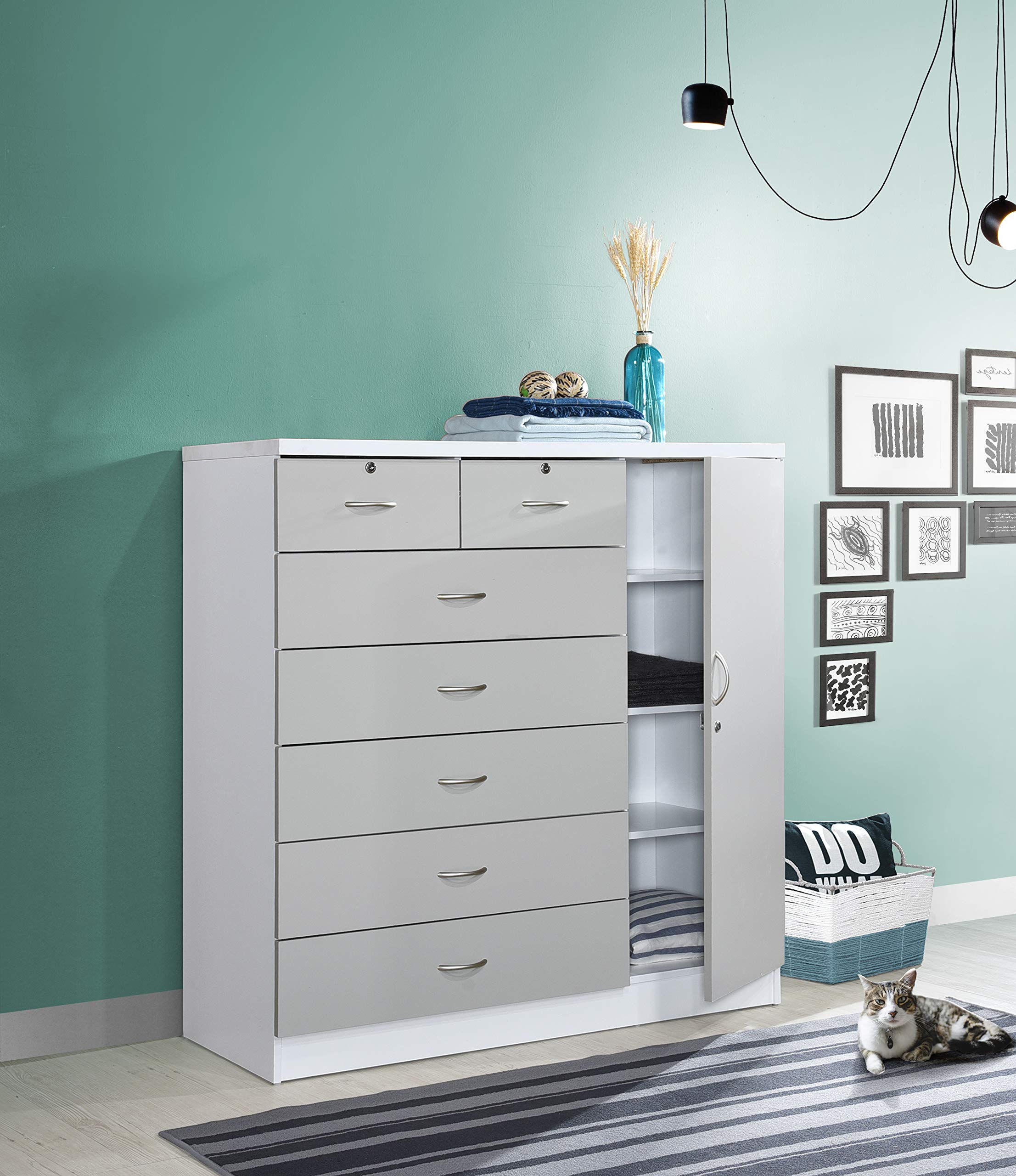 Hodedah 7-Drawer Jumbo Chest Dresser with 5 Large Drawers, 2 Small Lockable Drawers, Hanging Rod & 3 Shelves - Grey-White Finish | Perfect for Bedroom Storage, Closet Organization & Small Space Living