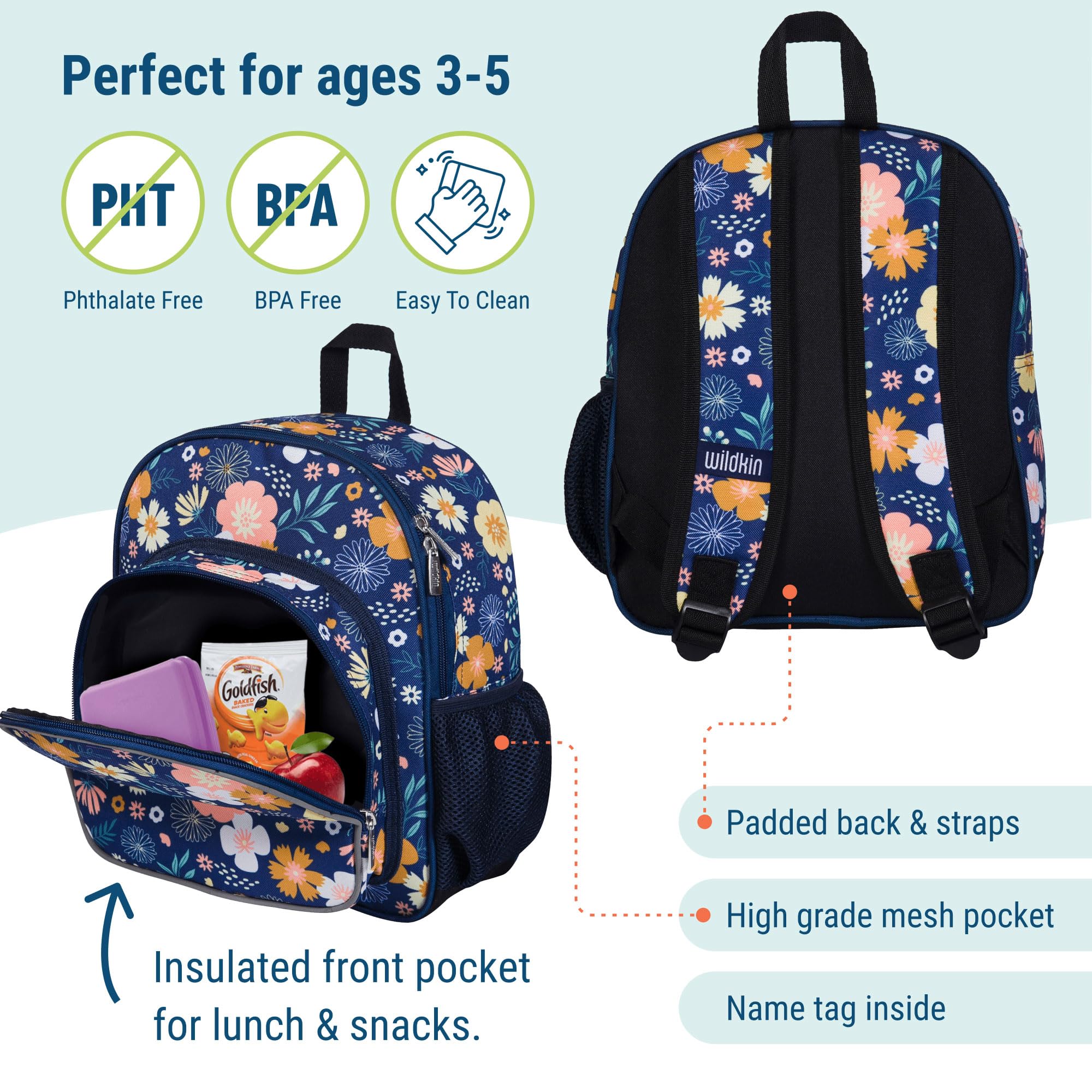 Wildkin 12-inch Kids Backpack with Padded Shoulder Straps - Adjustable School Backpack for Boys & Girls, Perfect for Daycare, Preschool & Travel (Wildflower Bloom Design) - Great for School Supplies, Field Trips & Family Vacations