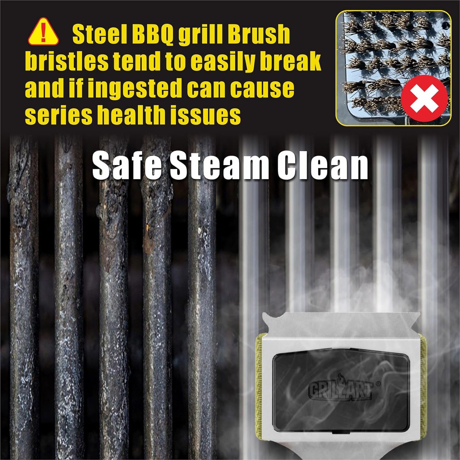 Bristle-Free BBQ Grill Brush with Replaceable Cleaning Head - Safe Scraper Tool for Cast Iron & Stainless Steel Grates - Perfect for Outdoor Grilling, Backyard Barbecues, and Camping Cooking - Black