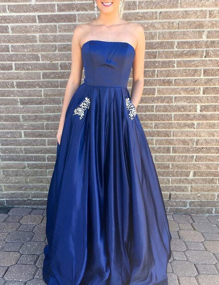 Elegant Strapless Beaded Satin Prom Dress with Pockets - Women's Formal Evening Gown for Homecoming, Wedding & Special Occasions
