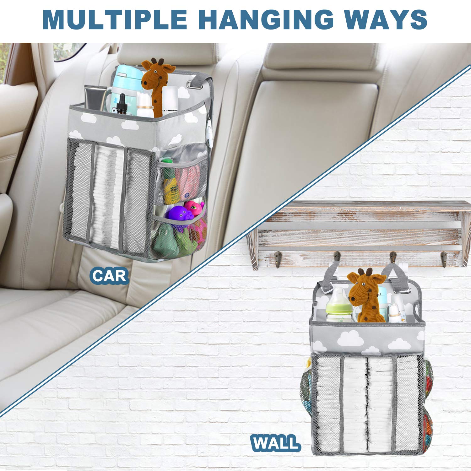 Hanging Diaper Caddy Organizer for Baby Nursery - Grey Storage Bag with Multiple Pockets for Diapers, Wipes & Baby Essentials | Perfect for Crib, Changing Table, Playard & Wall Mount | Ideal Baby Shower Gift & Bedside Organizer