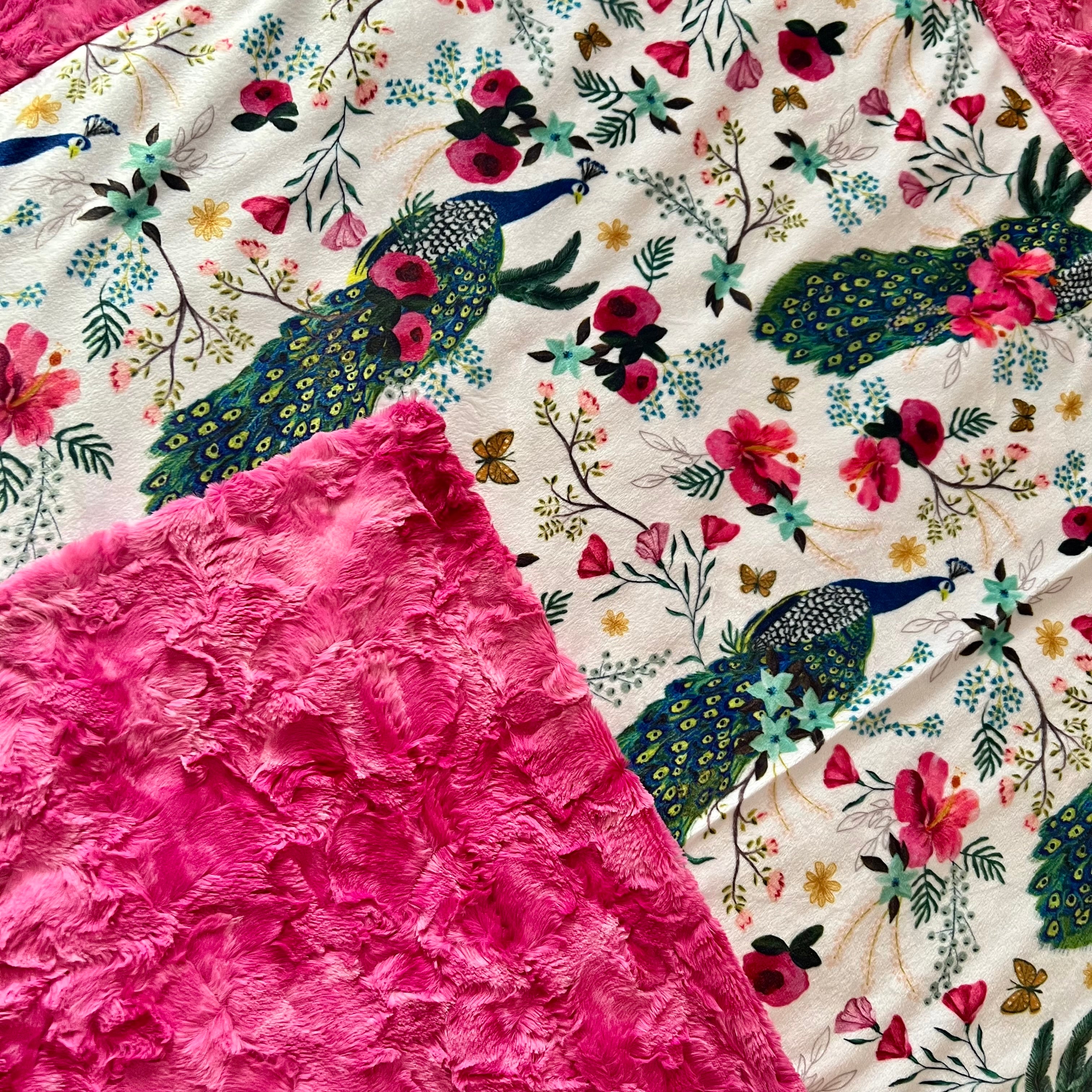 Plush Peacock Floral Fuchsia Marble Print Minky Blanket for Adults - 55x79 Inches - Soft Cozy Throw for Bed, Sofa & Home Decor