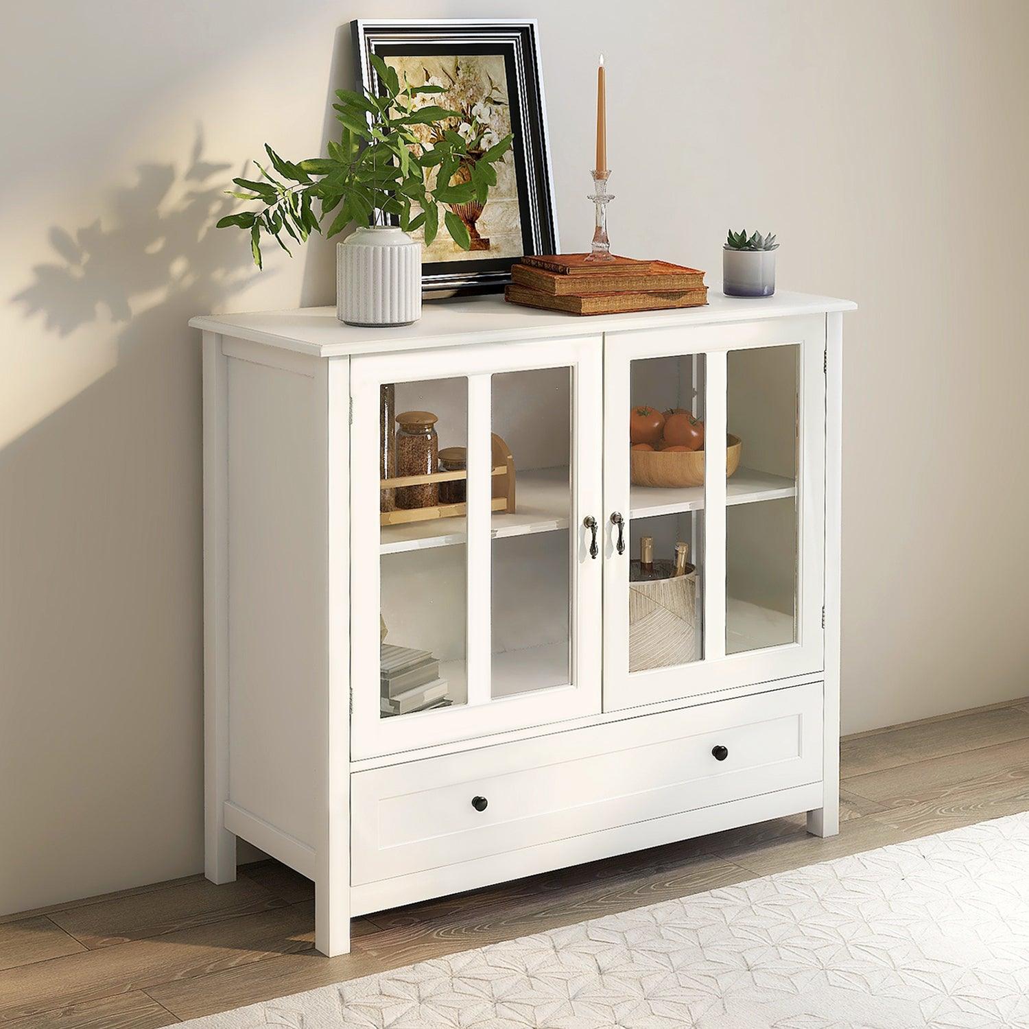 Buffet Storage Cabinet with Double Glass Doors & Unique Bell Handle - Elegant Display & Storage Solution for Dining Room, Kitchen, or Living Room