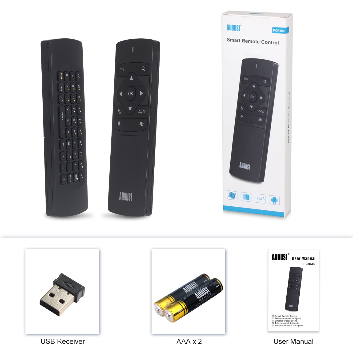 Wireless USB Air Mouse with Keyboard Remote Control for PC, Laptop, Kodi, Raspberry Pi & Chromebook - Portable Mini PC Remote for Home Theater, Presentations & Smart TV - PCR500 Model