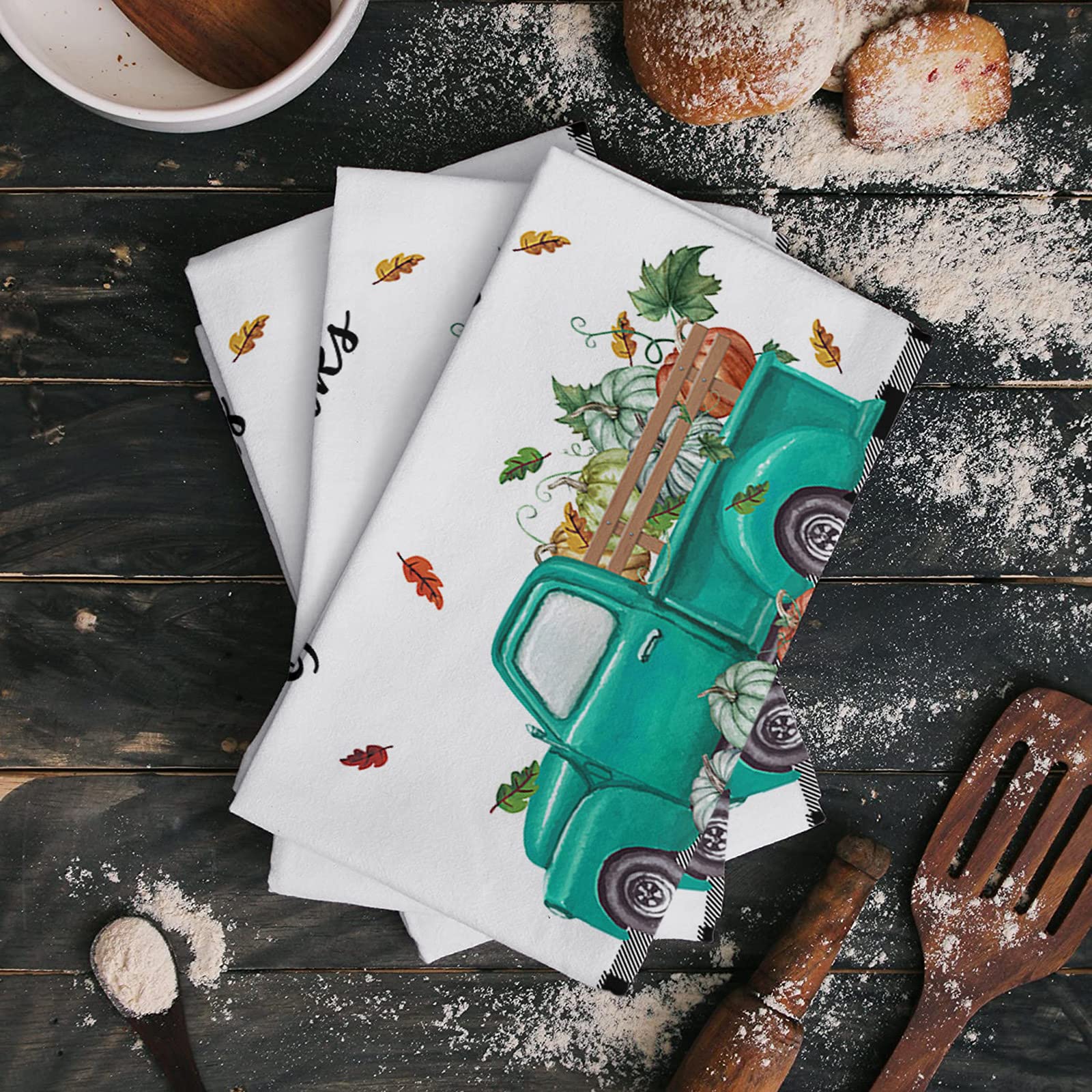 Premium Cotton Kitchen Towels Set - 16x28 Inches Soft Absorbent Dish Cloths, Tea Towels & Hand Towels (1 Pack) - Thanksgiving Farmhouse Decor with Pumpkin & Blue Truck Design - Perfect for Holiday Cooking, Dish Drying & Home Decor