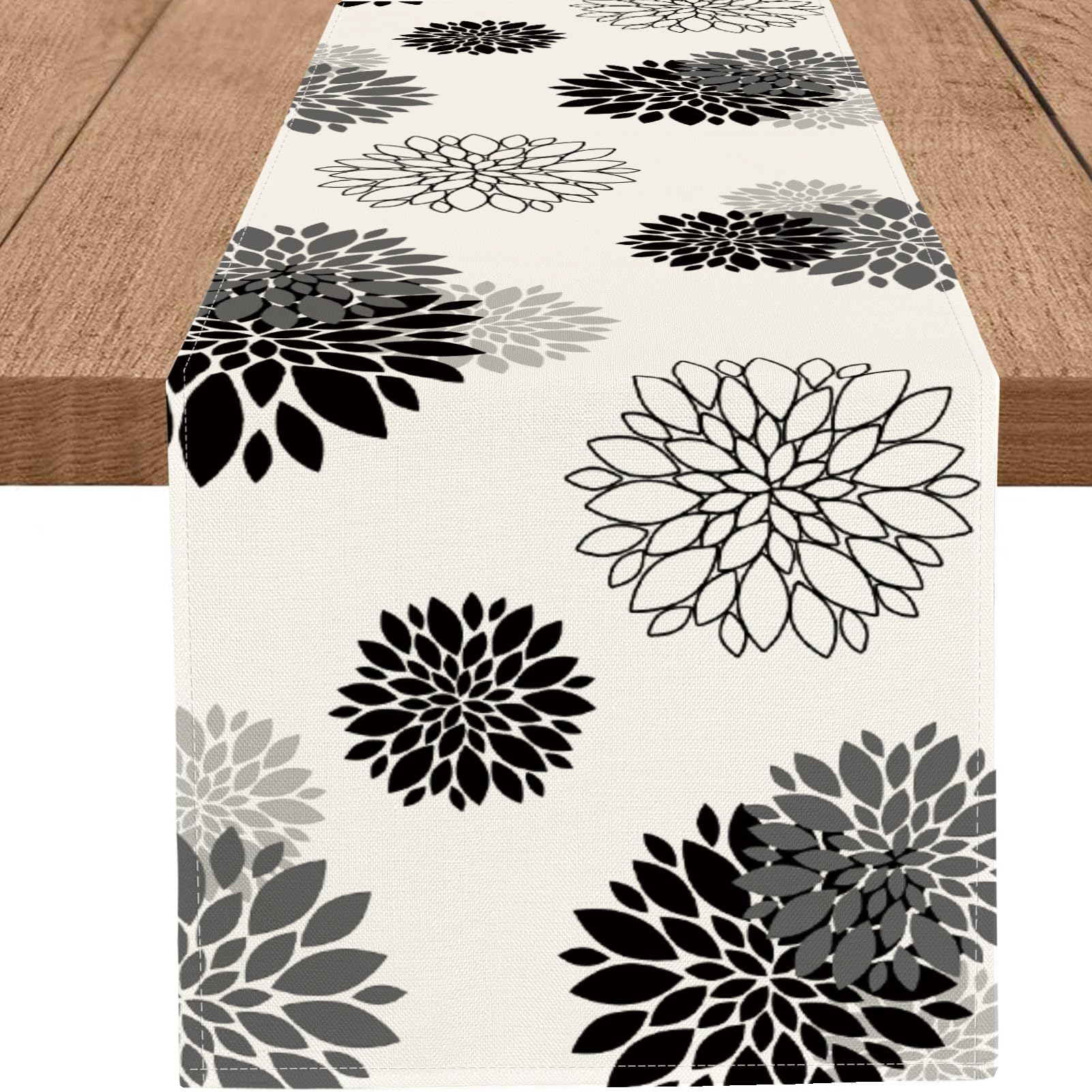 Modern Black Gray Dahlia Pinnata Flower Table Runner - Elegant Beige Pompon Farmhouse Geometric Design for Coffee Table, Dining Table, Kitchen Decor - 13 x 36 Inch - Perfect for Home, Parties & Farmhouse Style Decorations