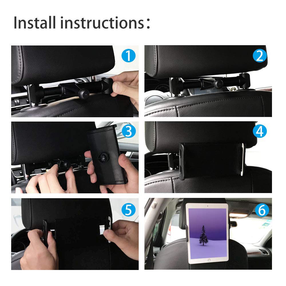 CLM-Tech Universal Car Headrest Tablet Holder - 360° Rotatable Mount for 4-11 Inch Tablets & Smartphones - Black - Perfect for Road Trips & Backseat Entertainment