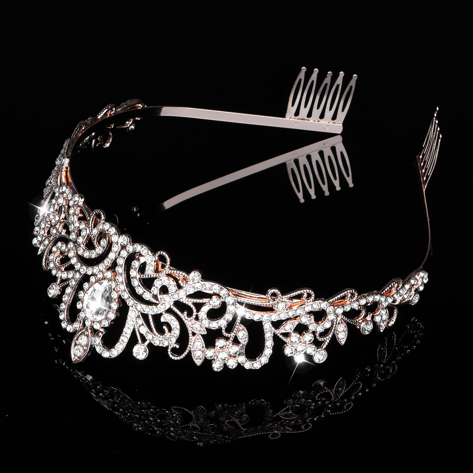 Sparkling Rhinestone Crystal Tiara Crown for Women - Rose Gold Princess Pageant Headband with Comb | Perfect for Weddings, Prom, Pageants & Cosplay