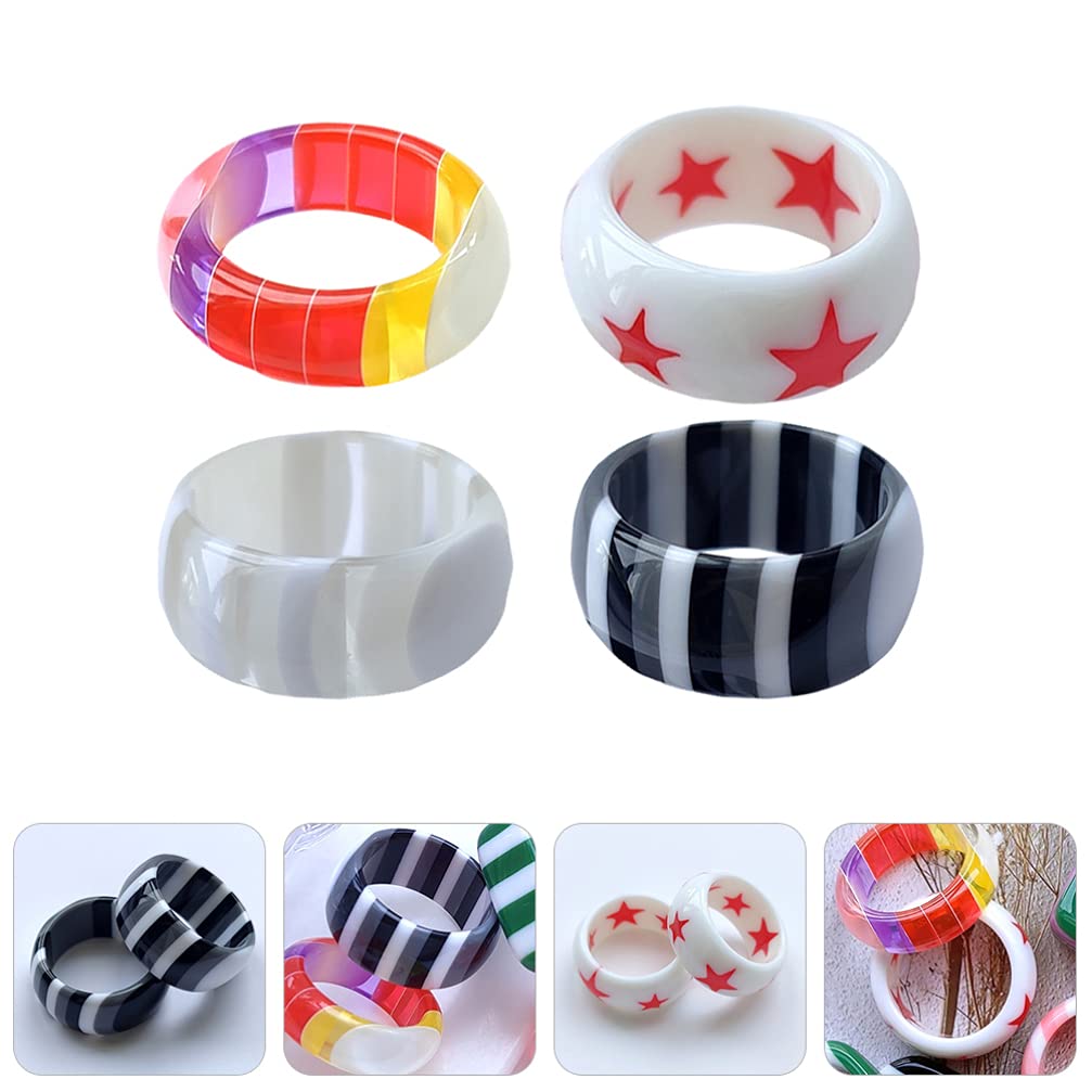 Holibanna 4-Piece Striped Multicolor Resin Knuckle Rings Set - Trendy Fashion Statement Rings for Women - Perfect for Parties, Festivals & Everyday Wear