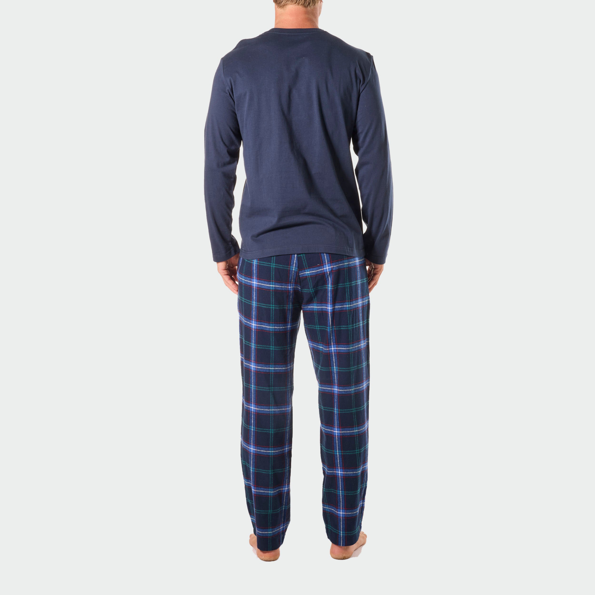 Men's Miles Check Cotton Flannel Long Sleeve Pajama Set - Navy Blue Plaid Sleepwear for Winter Nights & Cozy Lounging at Home