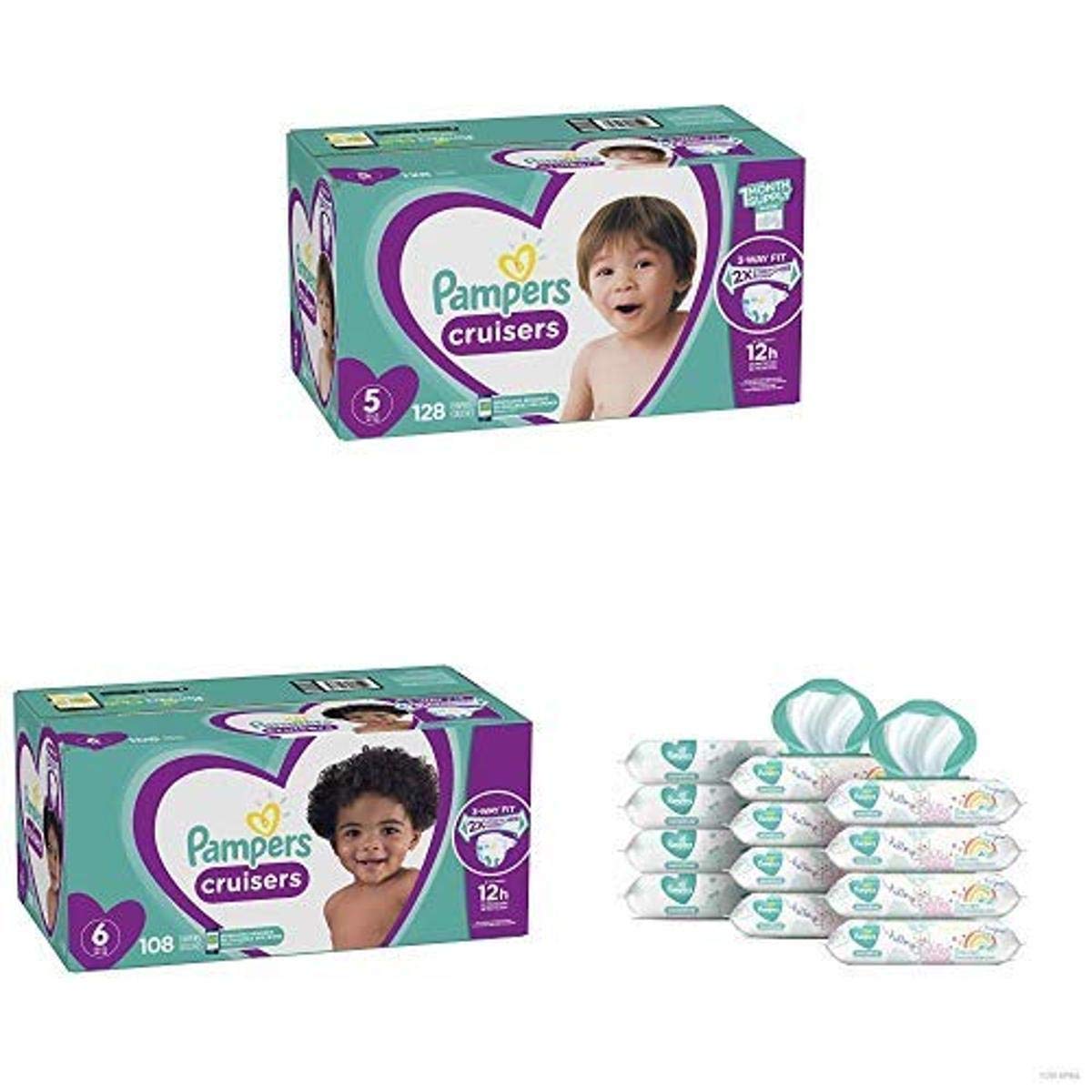 Pampers Cruisers Disposable Baby Diapers Size 5 (128 Count) & Size 6 (108 Count) with Sensitive Water-Based Baby Wipes (12 Packs, 864 Wipes) - Premium Diaper Bundle for Newborns & Toddlers - Perfect for Daycare, Travel and Overnight Protection
