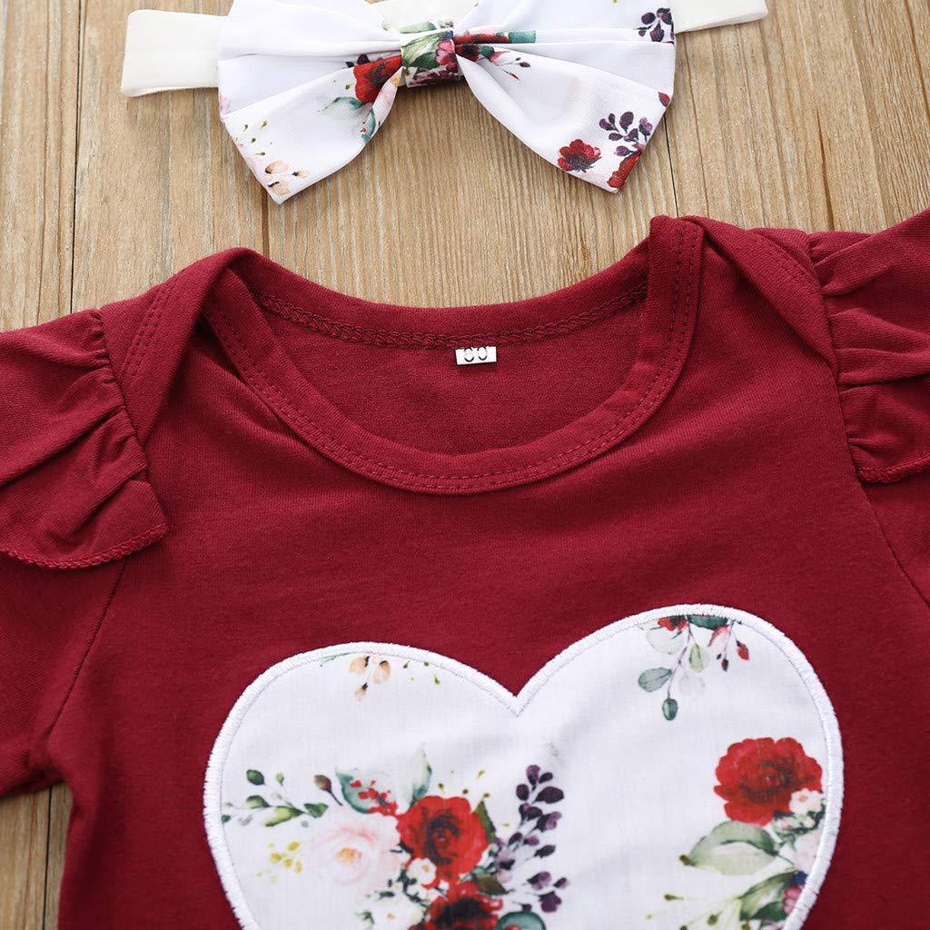 12-18 Months Baby Girl Outfits 3-Piece Set - Floral Romper Jumpsuit with Bowknot Shorts | Soft Cotton Infant Clothes for Newborn, Photo Shoots & Coming Home Outfits (Wine Red)