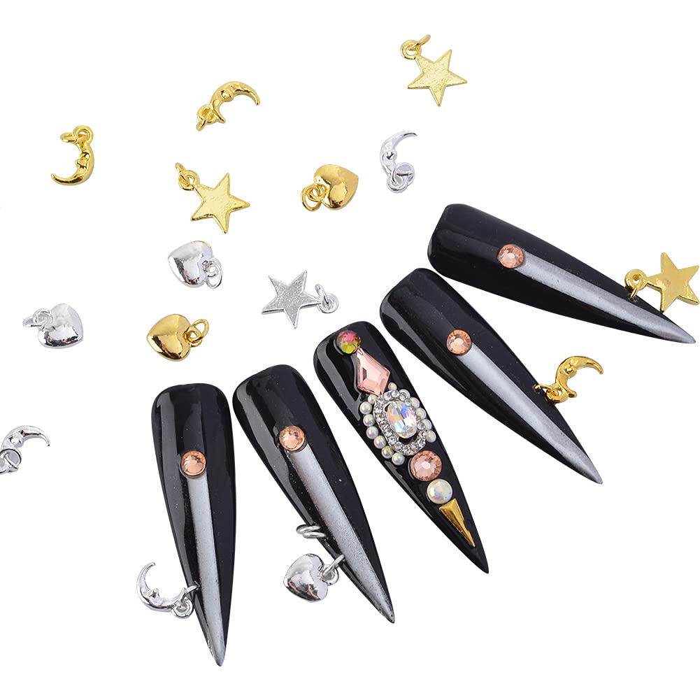 **Gold Silver Moon Star Heart Nail Jewelry Rings with Piercing Tool - Hand Drill Nail Art Dangle Charms for Acrylic Nails DIY Decoration | Perfect for Nail Salons, Parties & Gifts**
