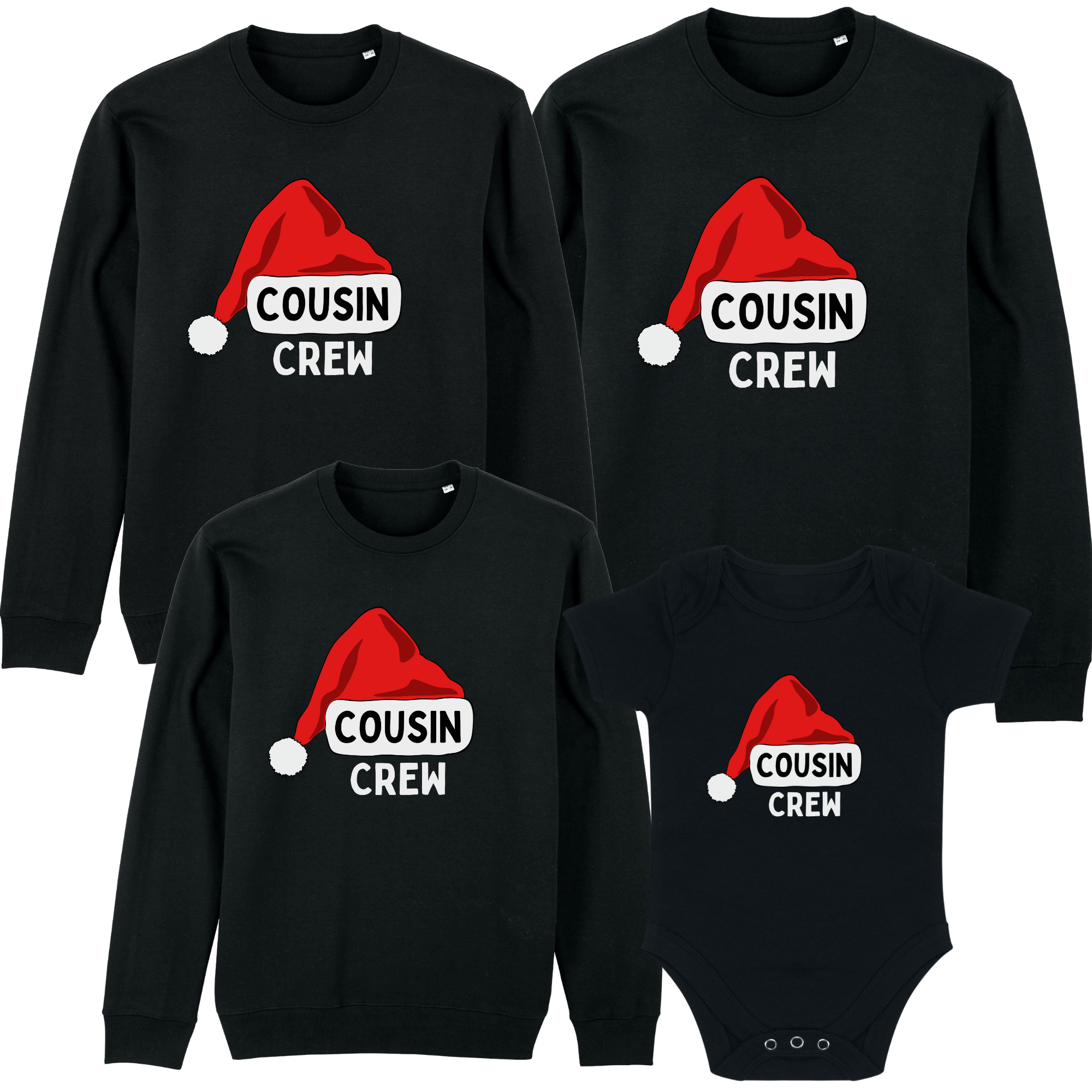 Cousin Crew Santa Matching Christmas Black Sweatshirts & Baby Vest - Family Holiday Outfits for Christmas Photos & Festive Gatherings