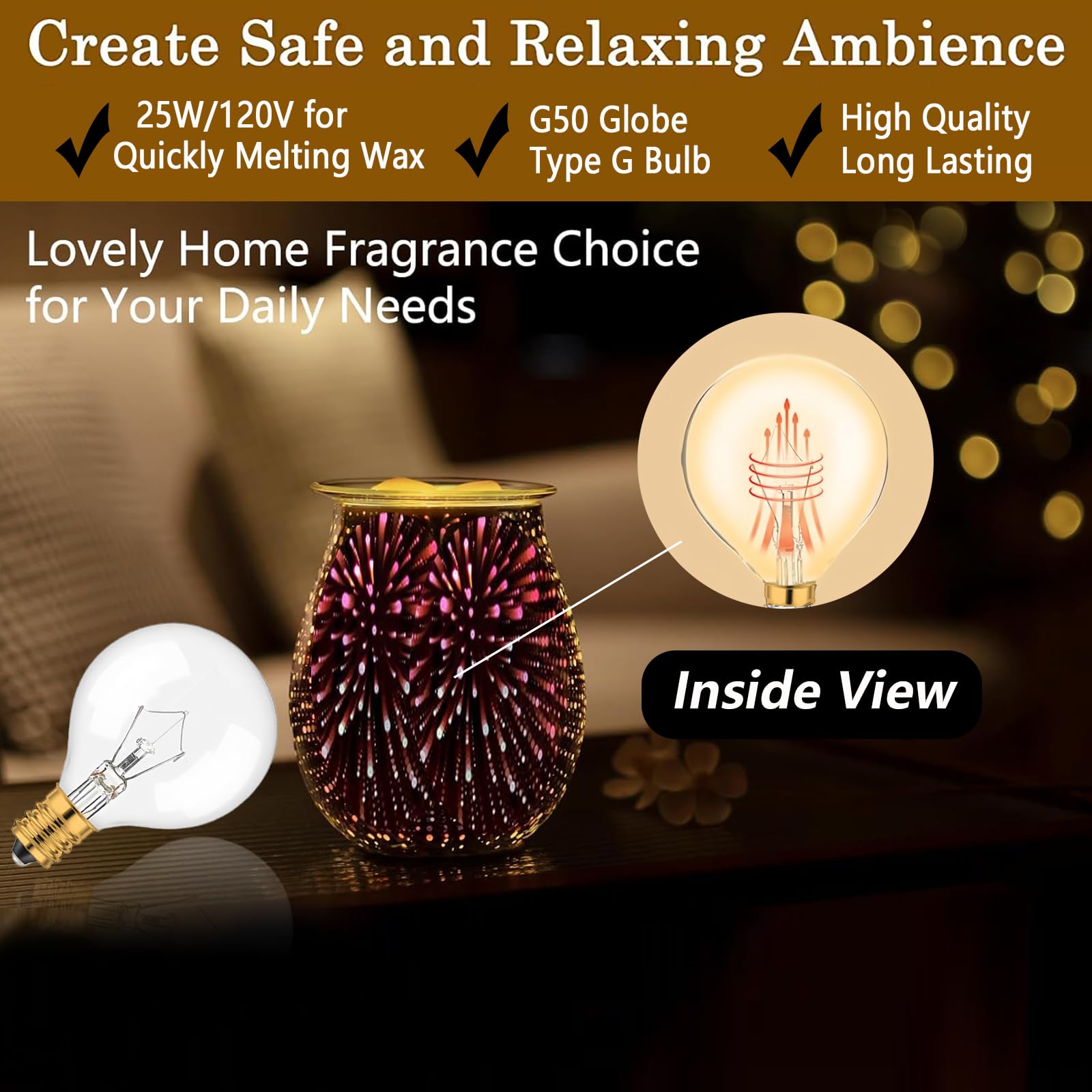 25W Wax Warmer Bulbs - 6 Pack G50/G16.5 Globe E12 Clear Light Bulbs for Full Size Scentsy & Candle Wax Warmers | 120V Long Lifespan Bulbs | Perfect for Home Aromatherapy & Relaxation Spaces