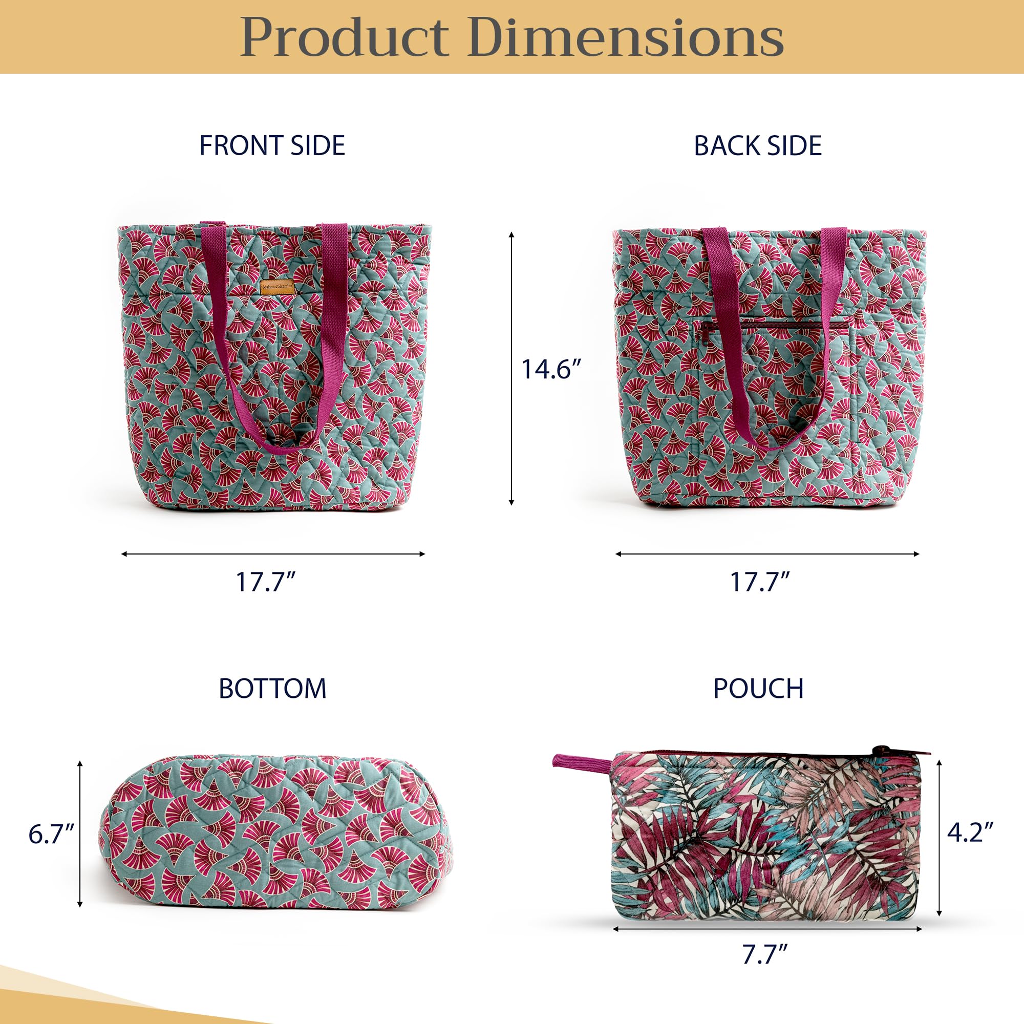 Maison d'Hermine Quilted Cotton Tote Bag with Zipper Pockets & Detachable Pouch - Stylish Shopping, Work, Travel & Lunch Bag for Women | Durable Grocery Tote for Everyday Use, Office Commute & Weekend Getaways