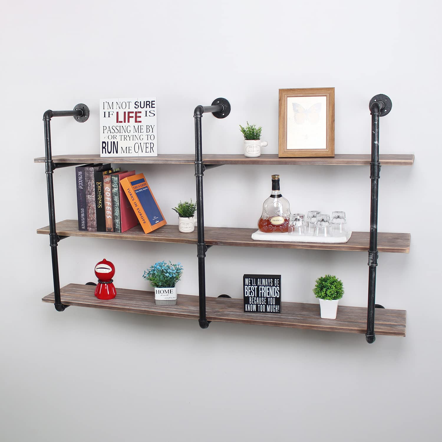 Industrial Pipe Shelving Wall Mounted - 63 Inch Rustic Metal Floating Shelves, Steampunk Style Solid Wood Bookshelves - Heavy Duty Wall Shelf Unit for Farmhouse Kitchen, Bar, Living Room & Office Storage (3 Tier)
